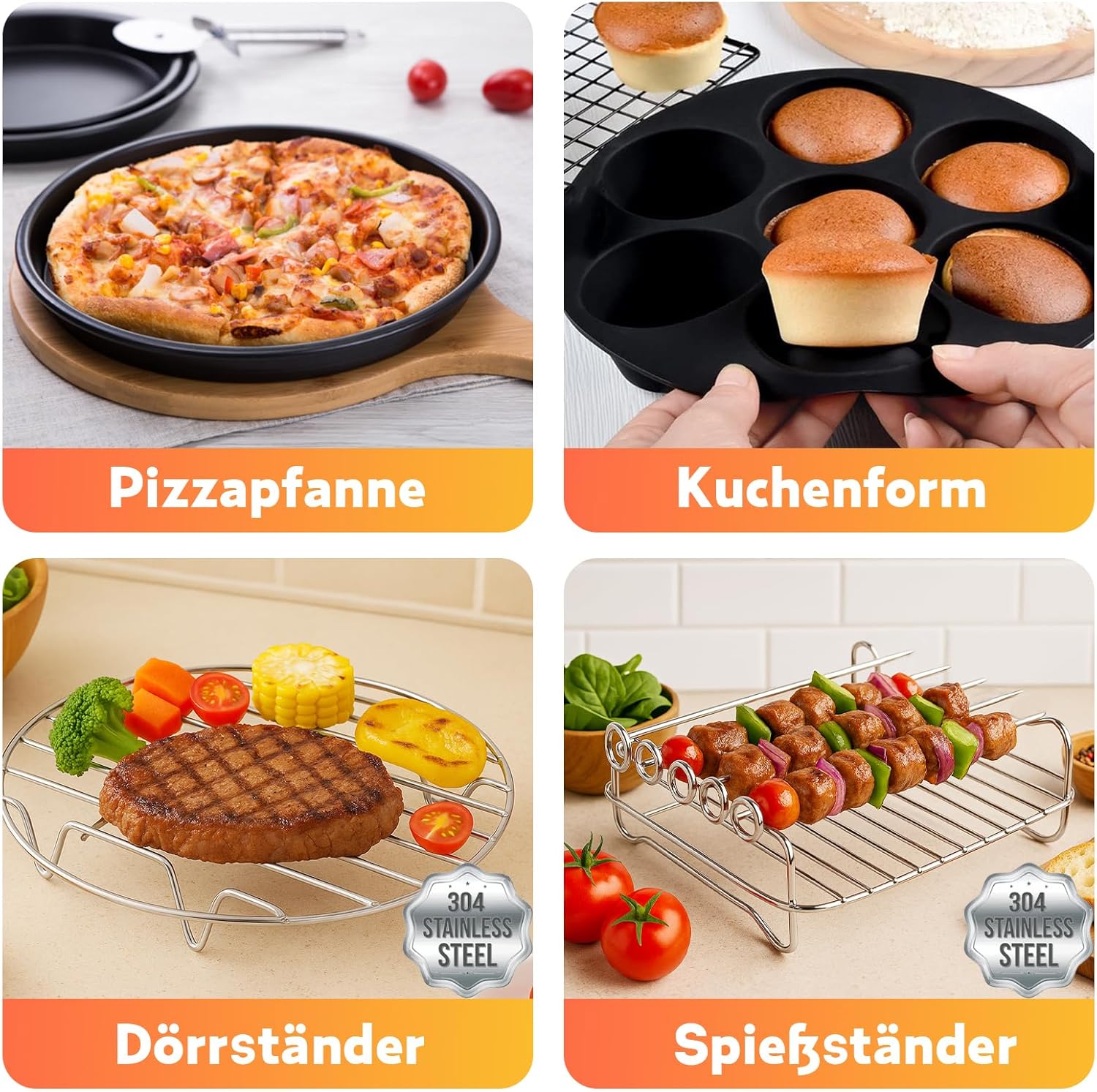 Individual images of the pizza pan with a cooked pizza, the silicone cake mold with muffins, the grill grate with a steak and vegetables, and the skewer stand with kebabs.