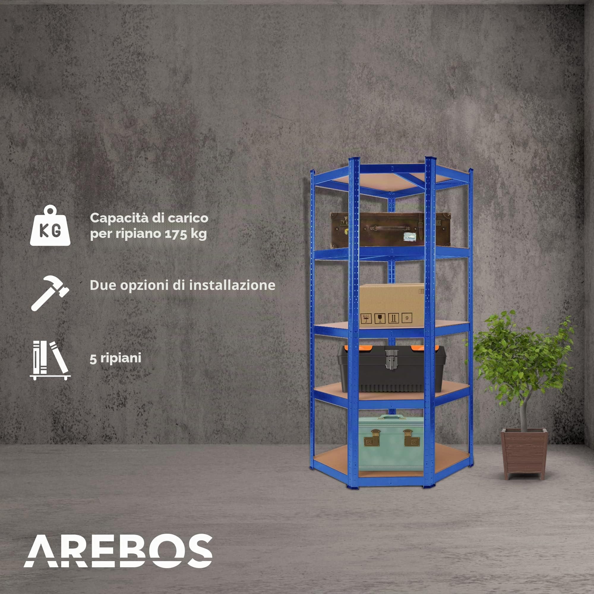 AREBOS Scaffalatura angolare Scaffalatura per carichi pesanti senza viti 875kg | Facile da montare grazie al sistema a innesto | 180 x 70 x 70 cm | 5 ripiani in MDF | fino a 175 kg per ripiano | blu