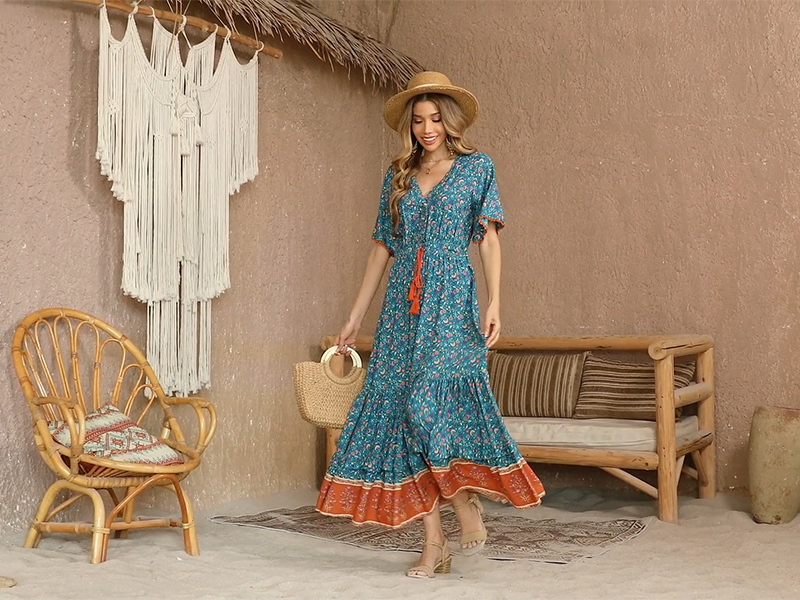 R.Vivimos Womens Summer Cotton Short Sleeve V Neck Floral Print Casual  Bohemian Midi Dresses (Small, Aqua Blue) at Amazon Women's Clothing store