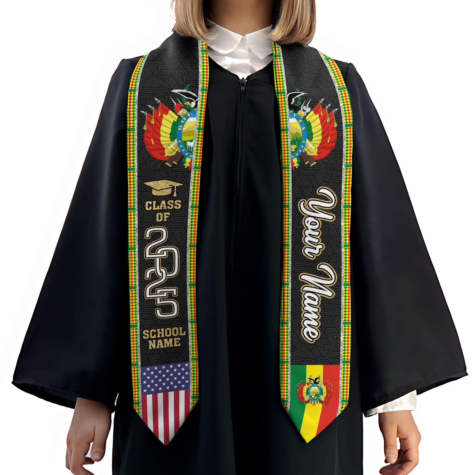 MonkeyVan Personalized Bolivia Graduation Stole, Bolivian Graduation Sash, Bolivia Flag Graduation Stole, Class of 2025 M59