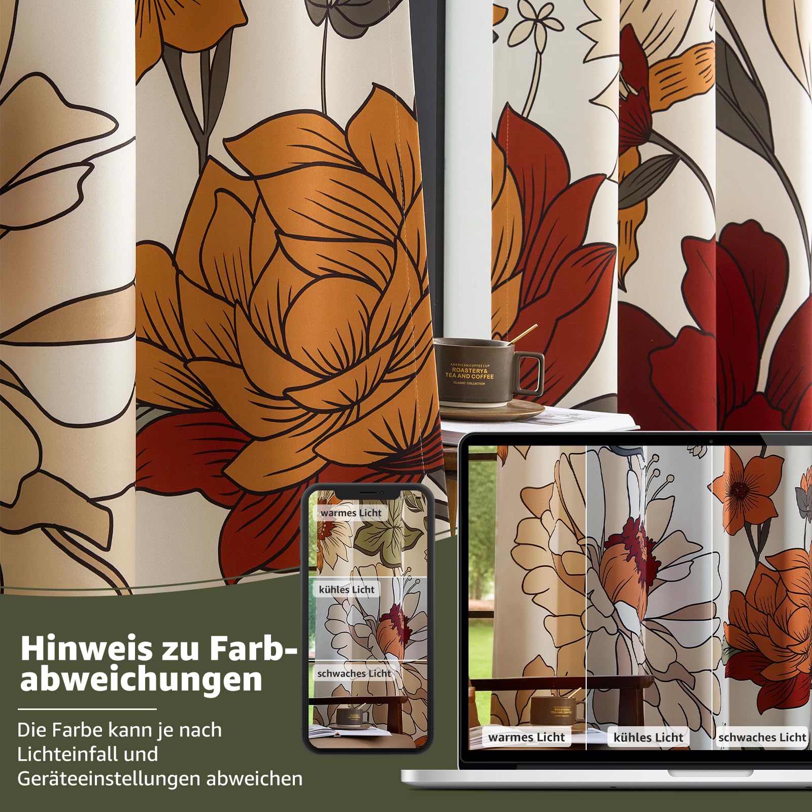 TOPICK Vorhänge Blumen Gardinen Verdunklungsvorhänge 2Stück H214xB132 Beige
