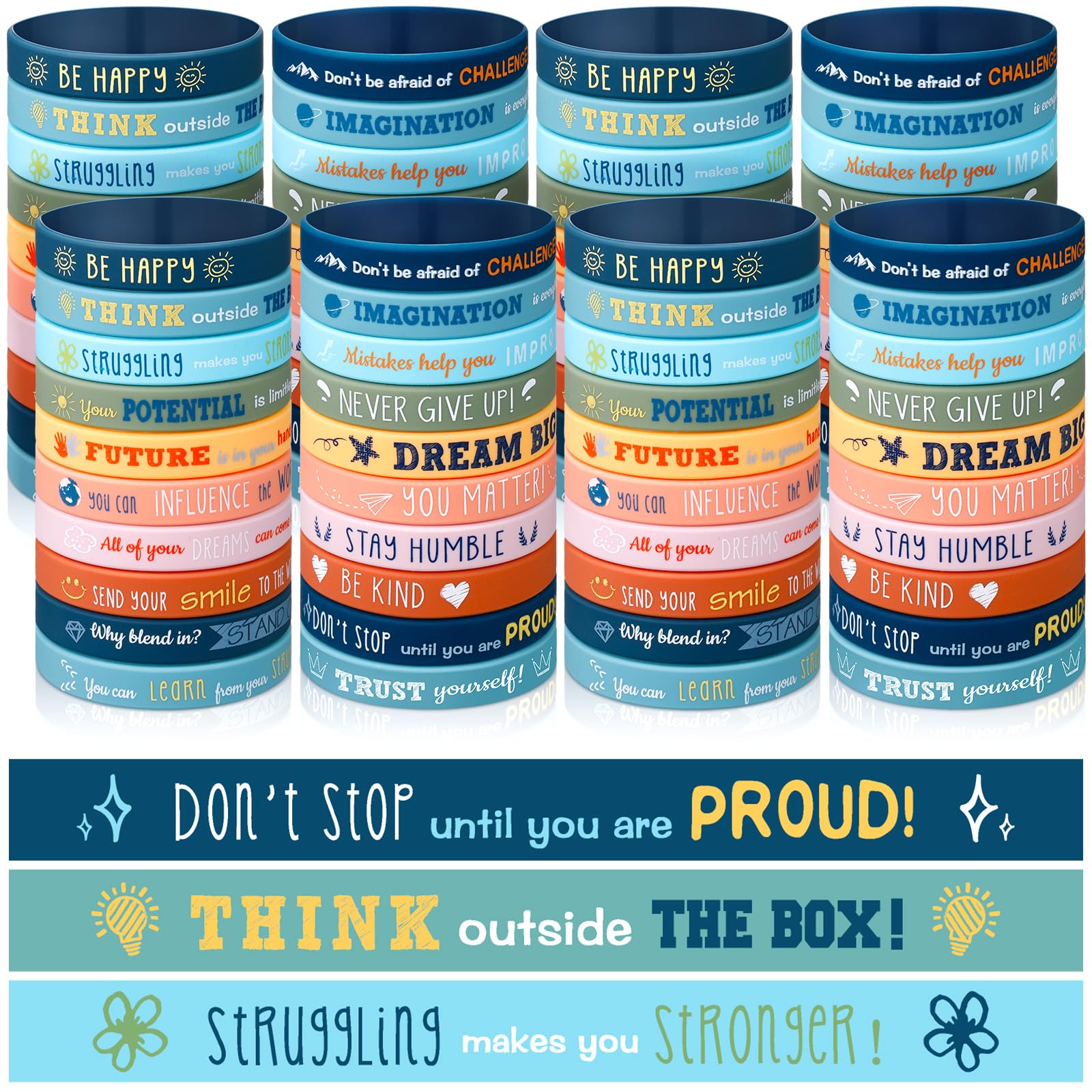 60 Pcs Motivational Silicone Bracelets Motivational Quote Rubber Wristbands Inspirational Silicone Wristband for Kids Children Teens Women Men School