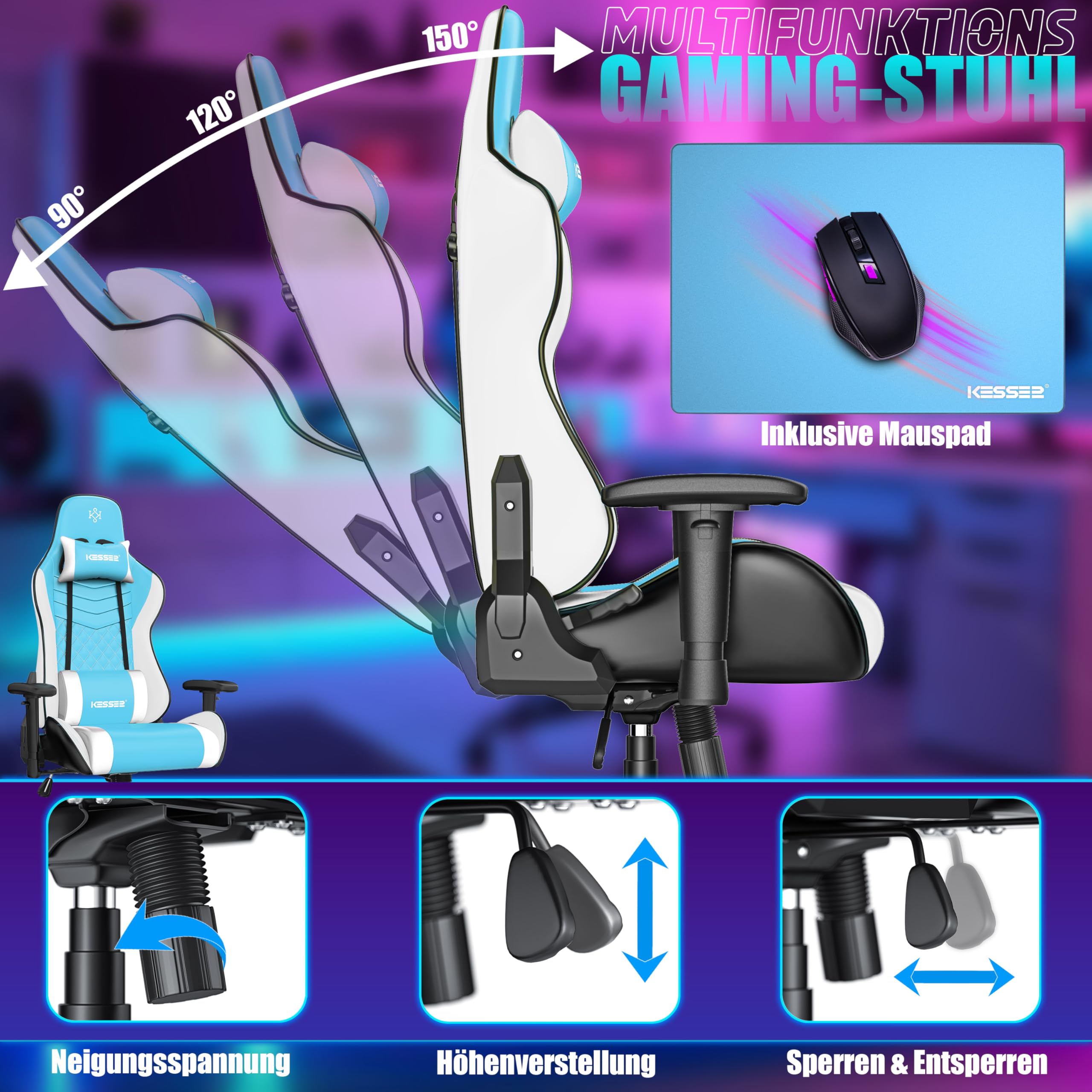 KESSER Sedia da gaming, ergonomica, da ufficio, con poggiatesta e cuscino lombare, portata 150 kg, bracciolo girevole a 360°, sedia da gioco e ruote in gomma