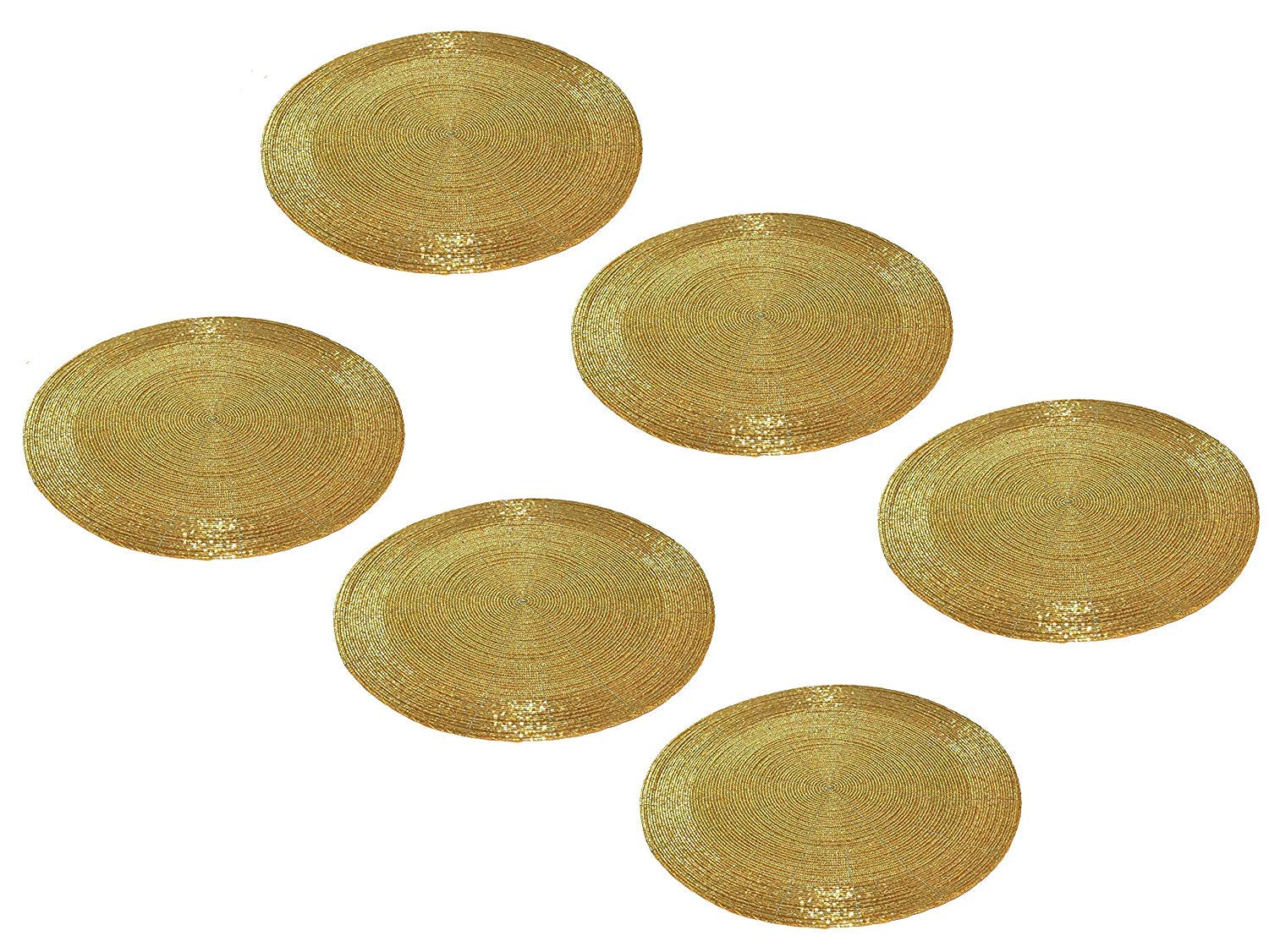 AIA India Golden Glass Beaded Round Placemat for Dining Table, Diameter 12.00 Inch, 6 Pieces