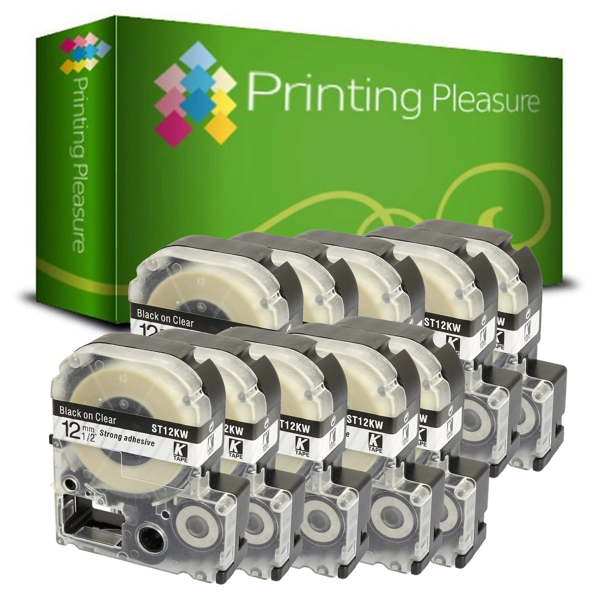 10x Compatibile AT12KW Nero su Chiaro (12mm x 8m) Cassetta Nastro per Epson LabelWorks LW-300, LW-400, LW-500, LM-700, LW-900P, OK200, OK300, OK500P, OK720, OK900P, KingJim TepraPro Etichettatrici