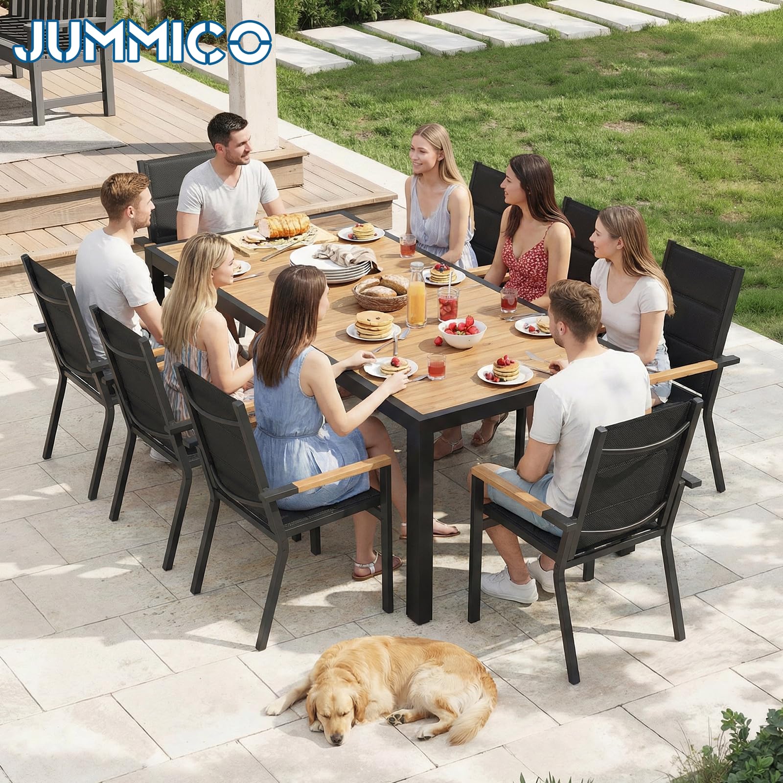 JUMMICO Ensemble de mobilier de Jardin 4 Places, Structure Aluminium Aspect Bois, Plateau PS, chaises Confortables à Haut Dossier, Facile à Assembler