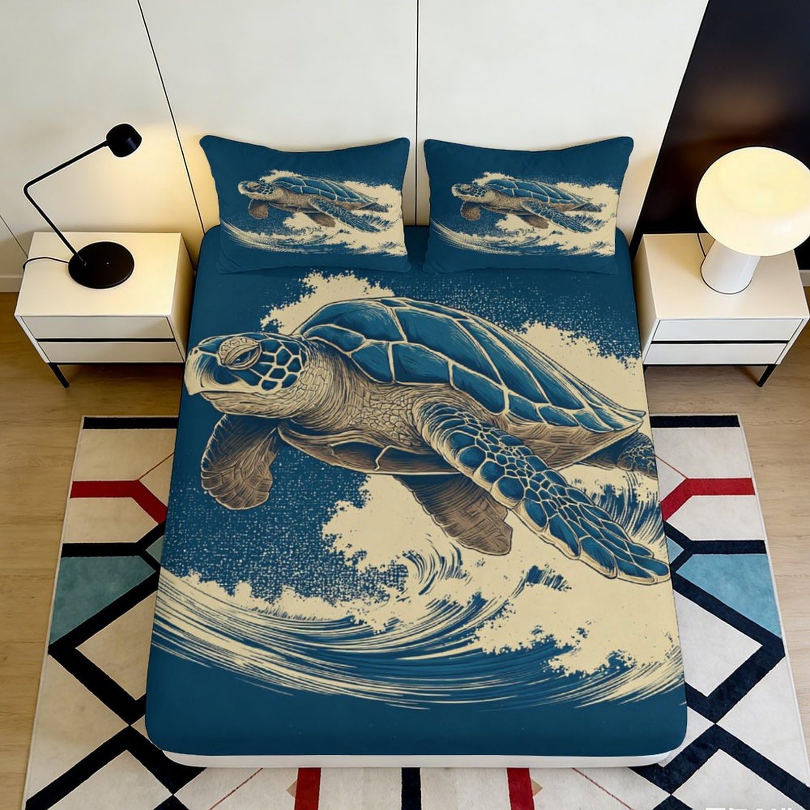 3D Printed Ocean Turtle Fitted Sheet Microfiber Soft Blue Wave Mattress Cover for Bedroom Guest Room Decor 90x200x25cm