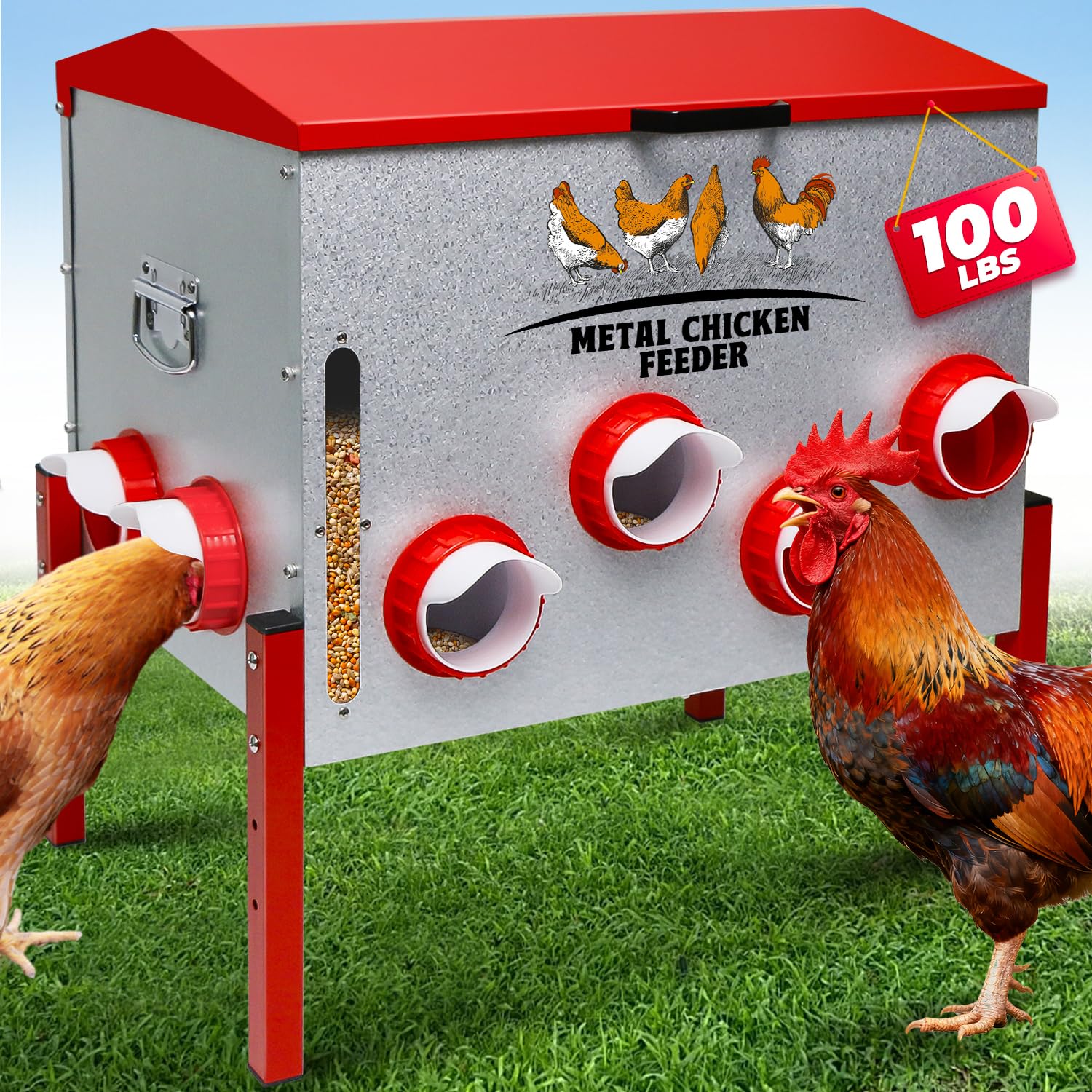 Comedero automático para pollos de 100 libras, gran capacidad, 12 puertos antiresiduos, comedero de metal para aves de corral con soporte de altura ajustable, caja de alimentación impermeable a prueba