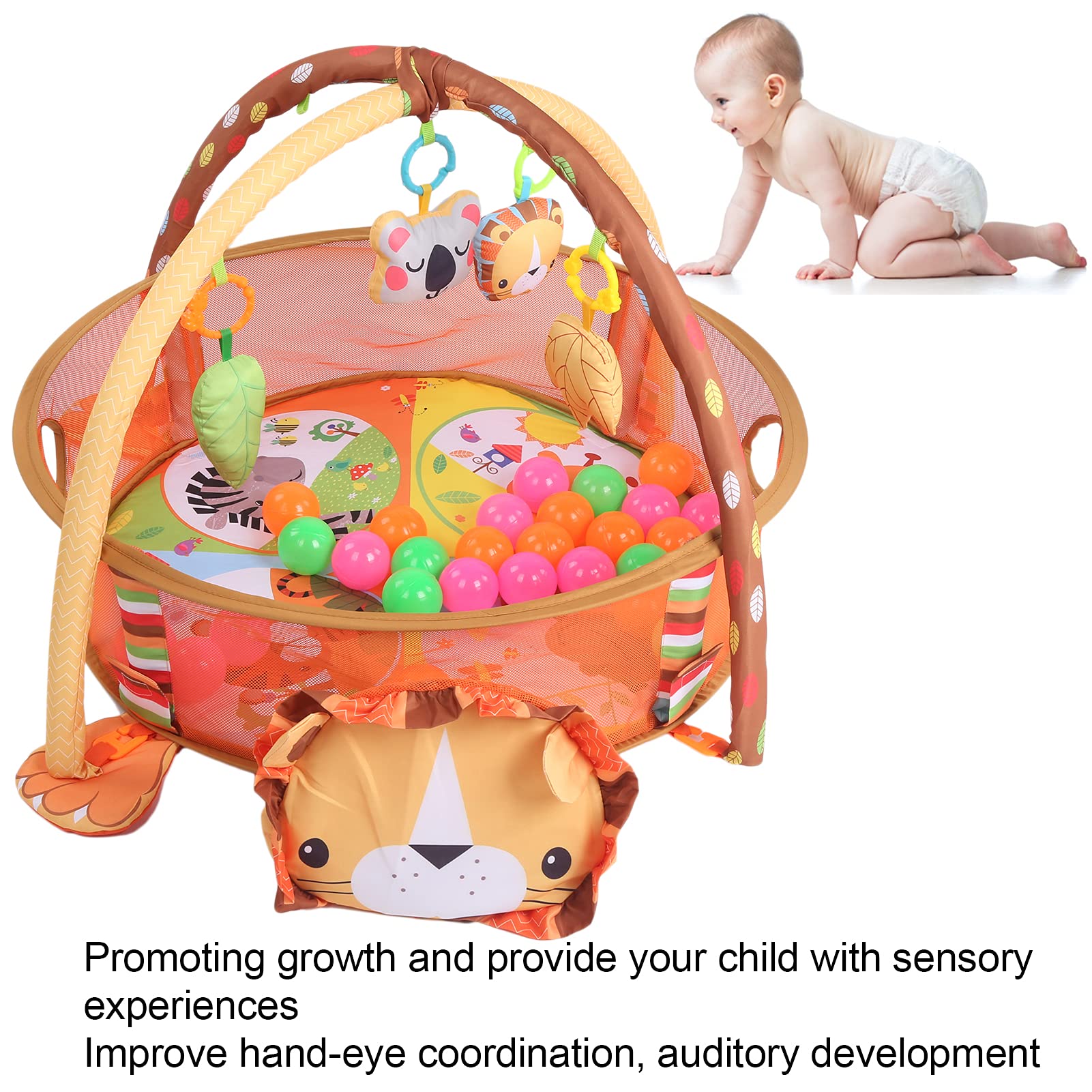 3-in-1-Baby-Spielmatte, Fitnessrahmen mit Sensorischem Spielzeug für Säuglinge und Kleinkinder, 95 X 70 X 50 cm, Stoffmaterial (Löwin)