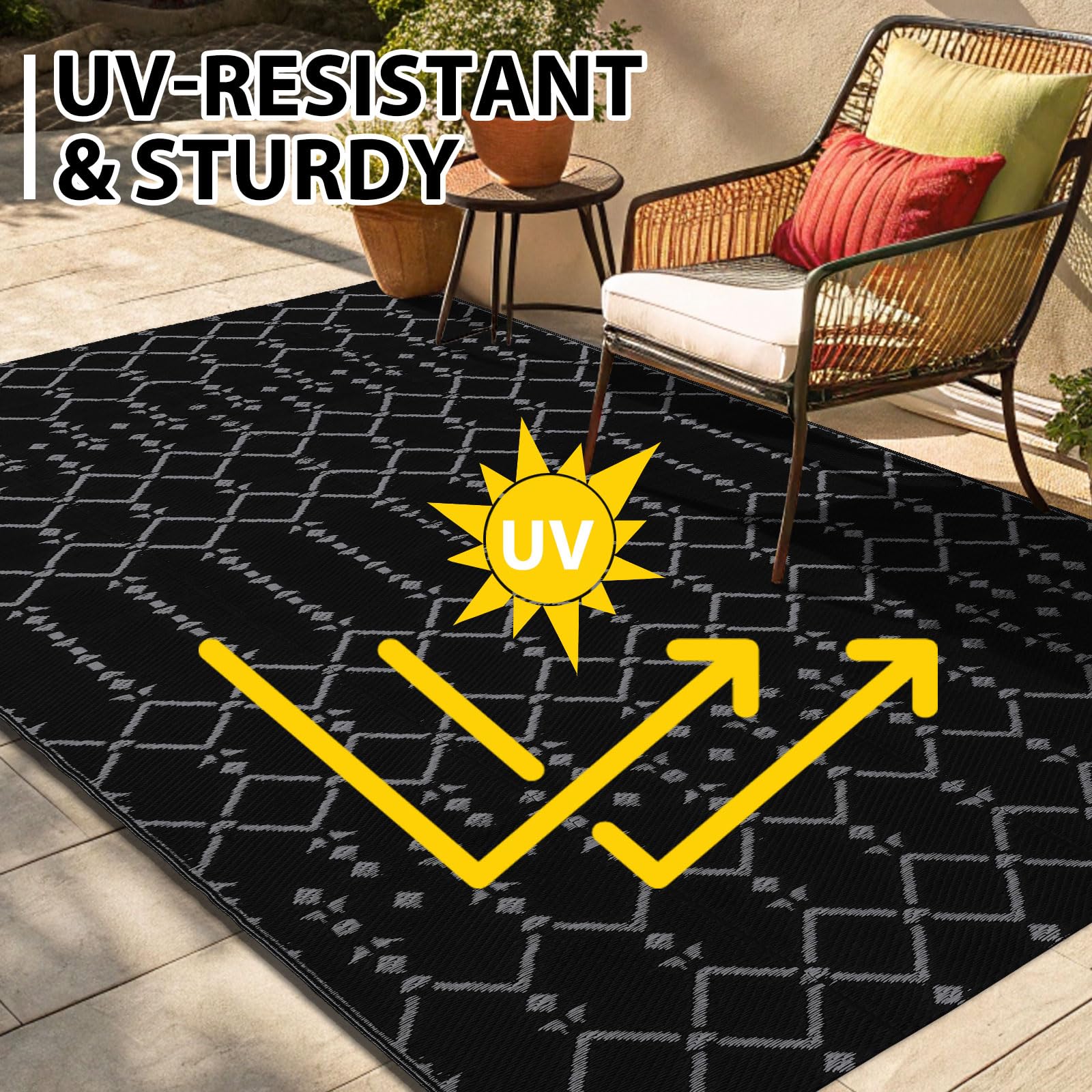 Homaxy Outdoor Teppich Wetterfest 240x300cm, Schwarz & Grau | Beidseitig Nutzbar, Wasserdicht, Boho Design, Für Terrasse, Garten, Balkon, Camping, Picknick