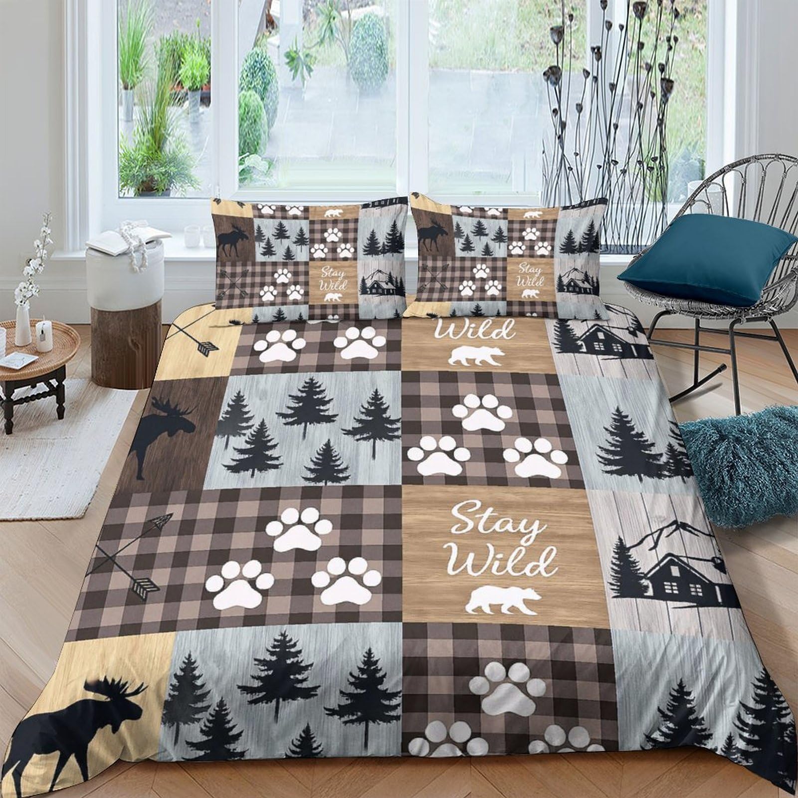 TUFRTGYHN 3D Printed Forest Plaid Duvet Cover Set Microfiber Soft Breathable Cabin Bear Bedding with 2 Pillowcases for Bedroom Decor Single（135x200cm）