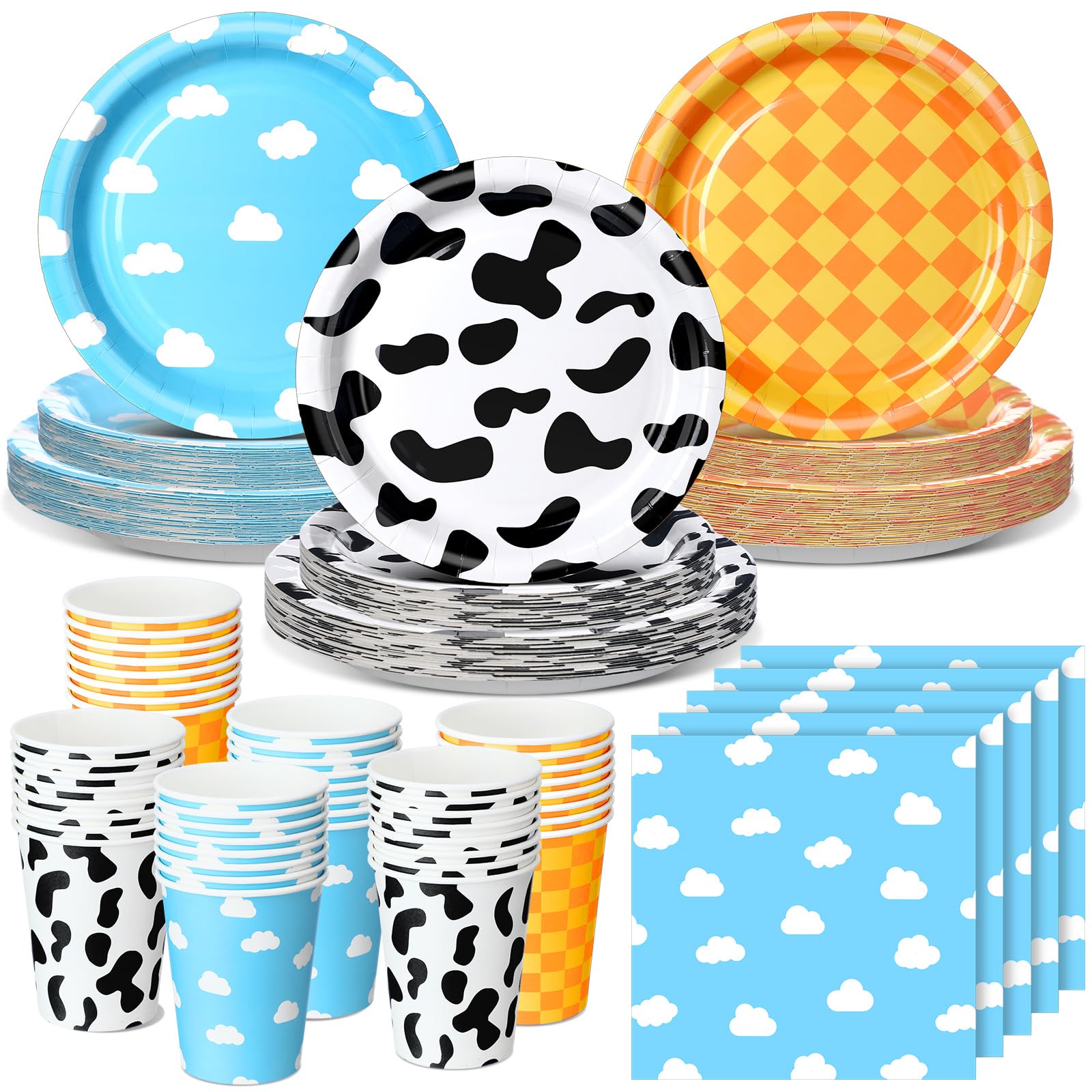 Havawish 96pcs Cartoon Birthday Party Supplies 7" 9" Cartoon Paper Plates, Cups, Napkins Cow Print Sky Cloud Paper Dessert Plates for 24 Guests Baby