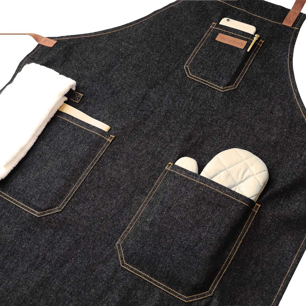 Denim Chef Apron with Pockets, Mens Womens Professional Kitchen Bib Black Apron for Cooking Grill BBQ Server, with Towel Loop and Adjustable Neck Straps