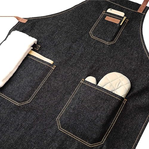Miniatura 8 de DingSay Trendy Delantal de cocina de mezclilla con bolsillos delantal de cocina profesional para hombre y mujer para barbacoa de chef con lazo para