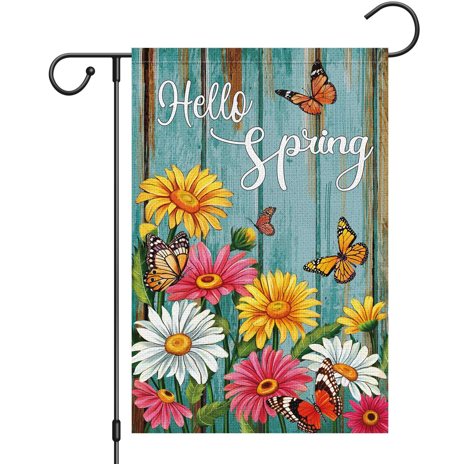 Heyfibro Hello Spring Garden Flag Spring Summer Daisy Garden Flags 12 x 18 Inch Burlap Double Sided Vertical Flower Butterfly Welcome Garden Yard Flags for Seasonal Outside Outdoor Decoration (ONLY