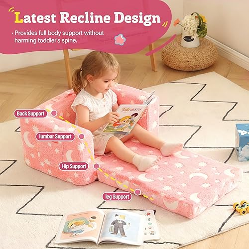 Miniatura 4 de Welnow Sofá 2 en 1 para niños, silla convertible que brilla en la oscuridad, sofá de Chirldren plegable, con bolsillos laterales y funda extraíble,