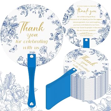 CroBlissful 100 Pcs Wedding Hand Fans for Guests Bulk Decorative Plastic Handheld Wedding Favor Fans with Handle Thank You for Celebrating with Us for Ceremony Bridal Shower Party DecorBlue Flower