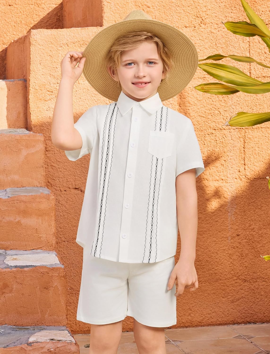 Boys Guayabera Shirt - Short Sleeve Embroidered Mexican Cuban Button Down Shirts for Cinco de Mayo Wedding Baptism