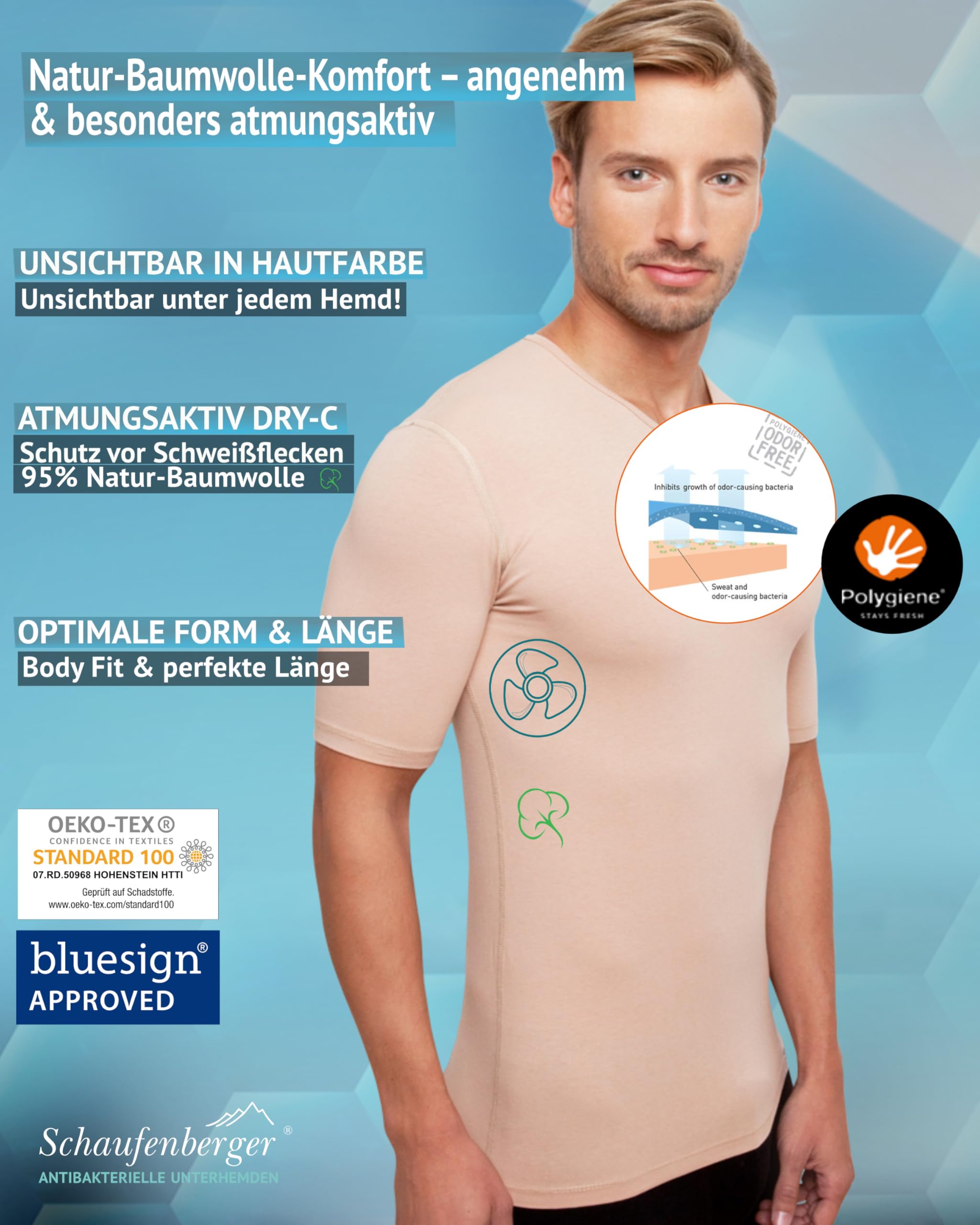 ANTIBAKTERIELLES Anti-Schweiß-Shirt Unterhemd Herren hautfarben – UNSICHTBAR unter Hemd – Geruchsneutral & atmungsaktiv – V-Neck – eng anliegend – ideal für Büro, Hochzeit, Reise