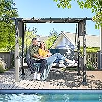 Pamapic 3-Seat Porch Swing Bed with Stand & Adjustable Canopy - Outdoor Wicker Swing Chair for Patio, Backyard, Gray Cushions