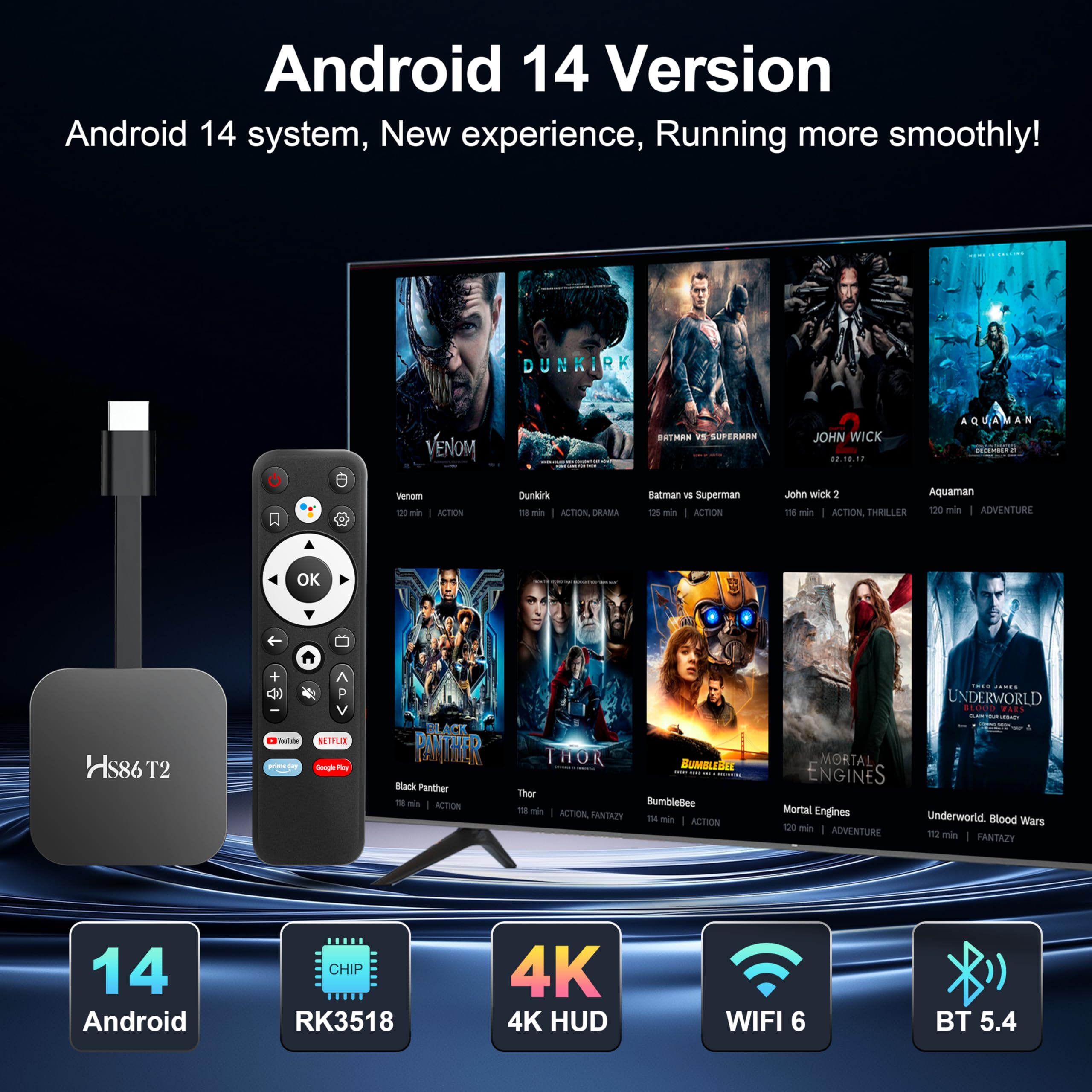Neuestes Smart TV Stick Android 14.0 2026 4K @60fps Ultra HD TV-Stick Android Box 2 GB RAM 16 GB ROM RK3518 Prozessor Dual WiFi 6 2.4G/5G BT5 HDR10+ USB2.0 HDMI 2.0 mit Bluetooth Sprachfernbedienung