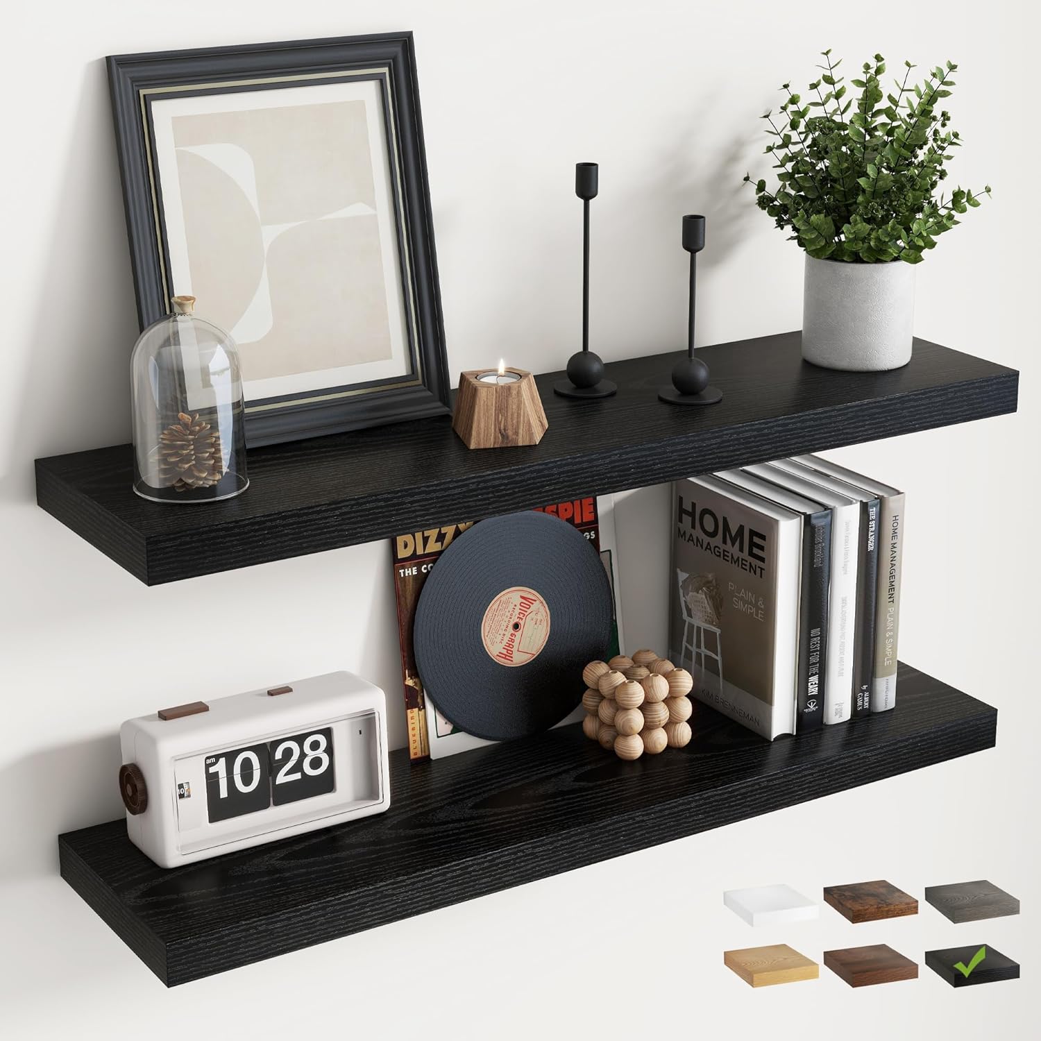 Floating Shelves for Wall with Invisible Brackets, Wall Mounted Engineered Wood Shelves with Wood Grain for Living Room, Bedroom, Bathroom, Kitchen Decor and Storage, Oak, 24"L Set of 2, Black