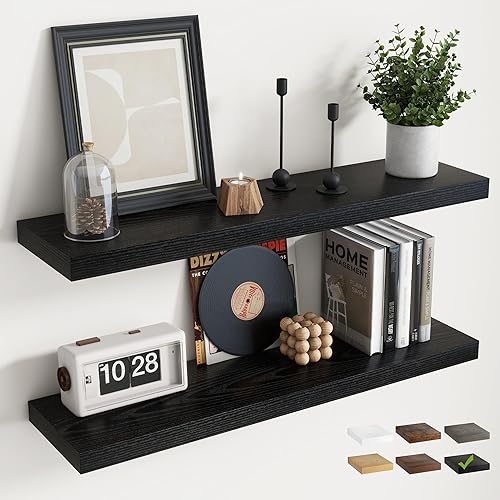 Miniatura 12 de Estantes flotantes para pared con soportes invisibles, estantes de madera de ingeniería montados en la pared con grano de madera para sala de estar,