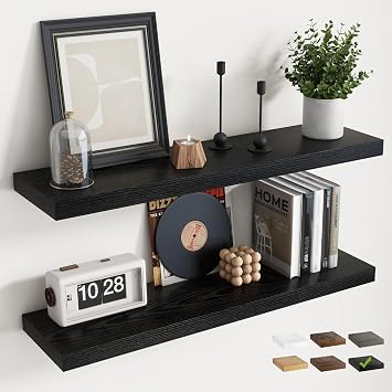 24 Inch Floating Shelves for Wall with Invisible Brackets Set of 2, 8"D Engineered Wood Wall Shelves with Wood Grain for Living Room, Bedroom, Bathroom, Kitchen Decor and Storage, Black Finish