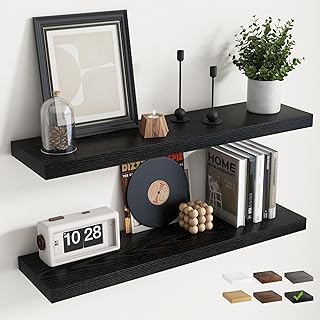 Floating Shelves for Wall with Invisible Brackets, Wall Mounted Engineered Wood Shelves with Wood Grain for Living Room, Bedroom, Bathroom, Kitchen Decor and Storage, Oak, 24"L Set of 2, Black