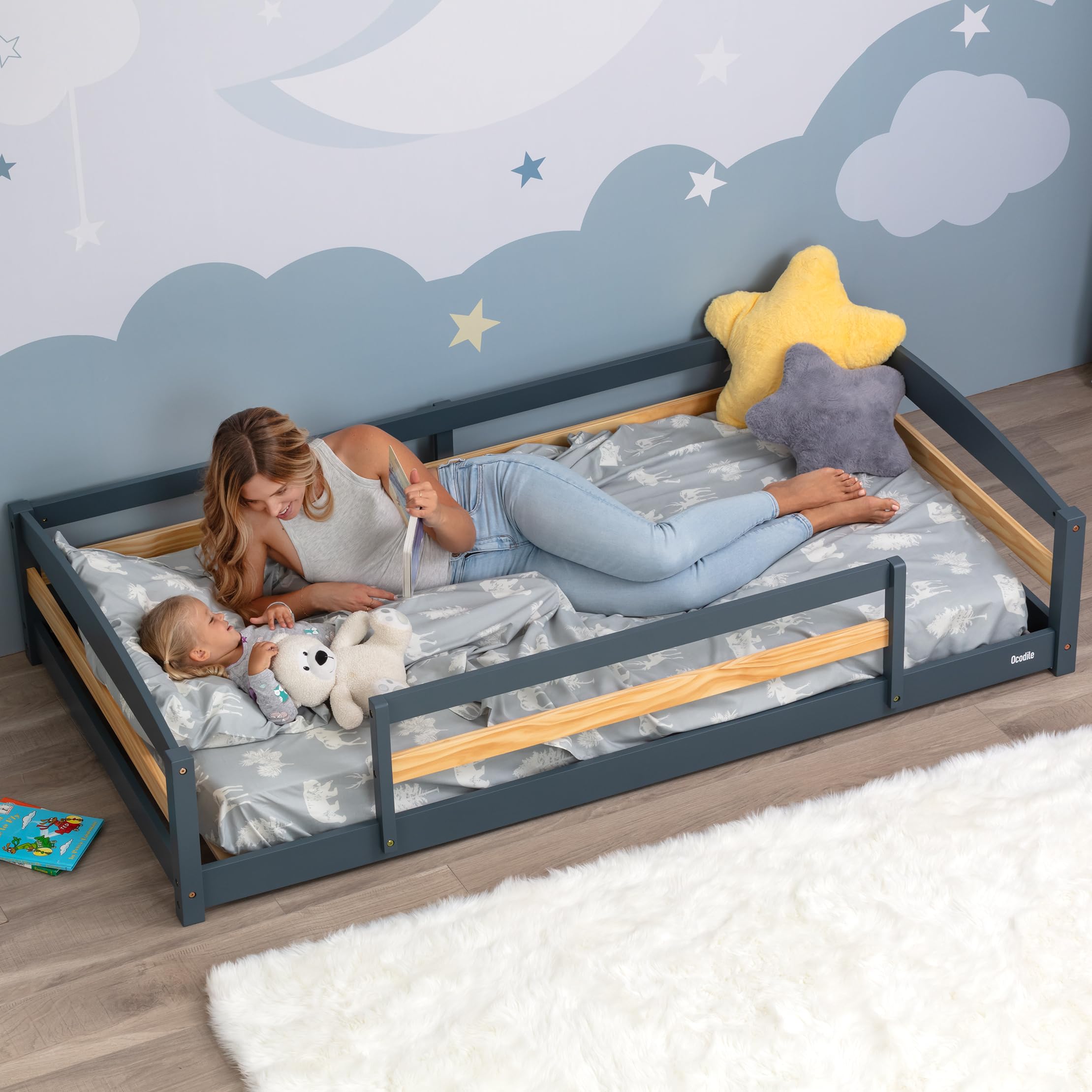 Twin Floor Bed with Safety Guardrails for Kids, Montessori Inspired with Rails and 2 Openings, Twin Size Bed Frame for Girls and Boys - Gray