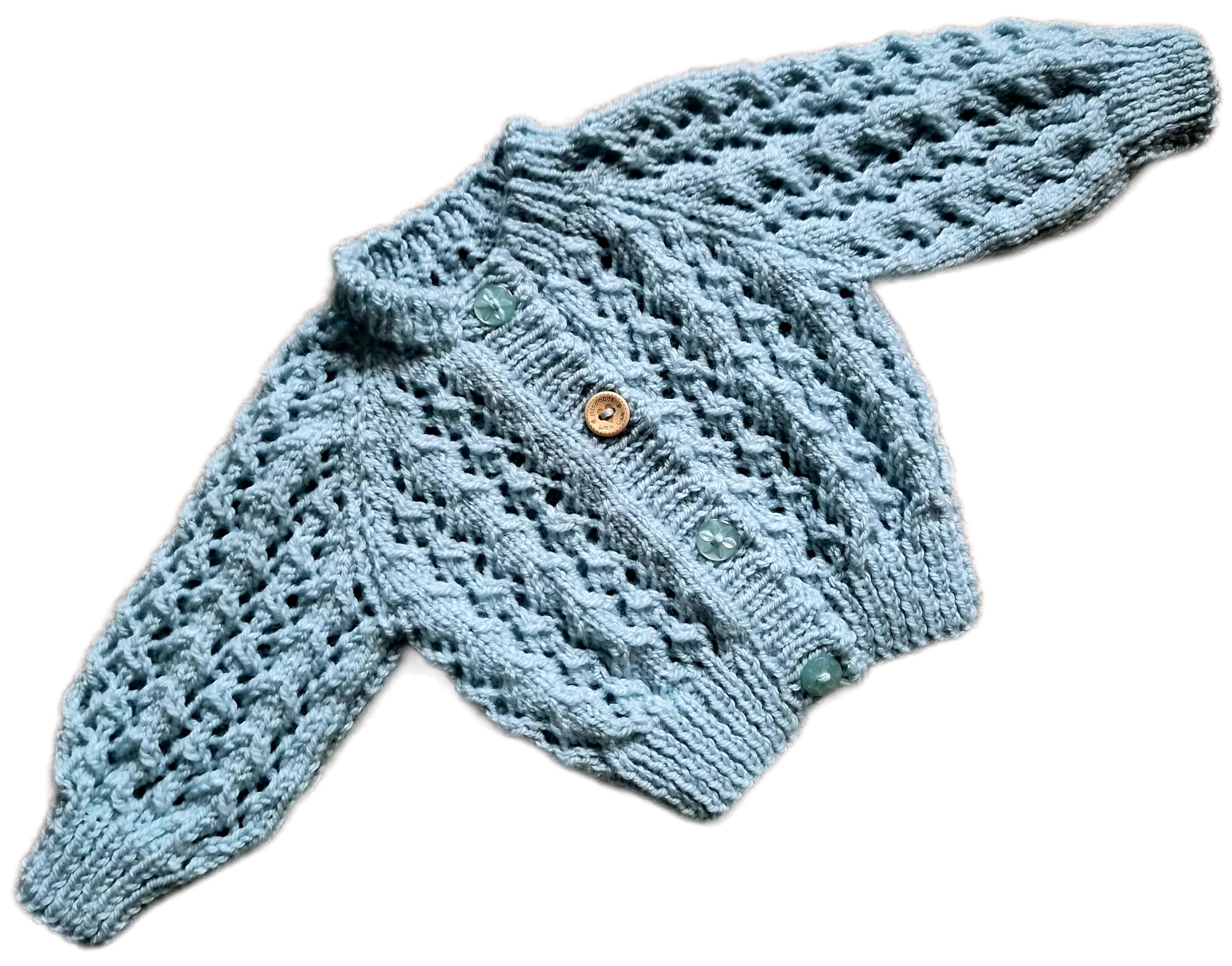 Morgan - 0-3 Months. Hand knitted, long sleeved, round neck cardigan for baby girl with pretty scalloped button border. (Sea Foam Picot)