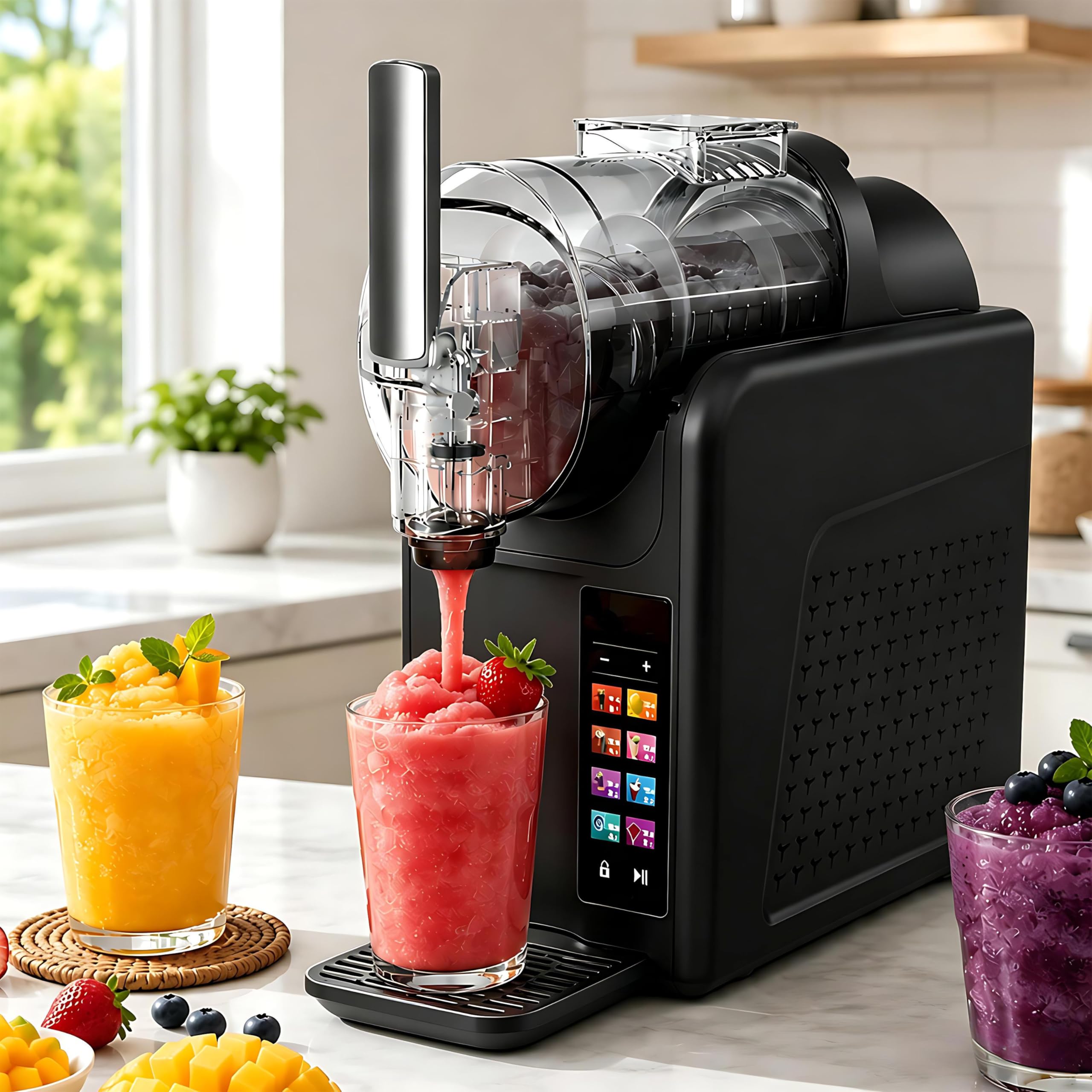 QIUNAOZI 7-in-1 Slushy Maker 2L, Slushie Maker Machine 185w, 7 Preset Modes, Adjustable Hardness And Temperature, With Safety Lock, 360° Stirring, for Chilled Drinks, Milkshakes, Sorbets Black