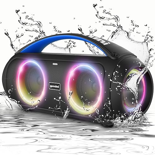 Gemini - Altavoz portátil Bluetooth Boombox con graves profundos, luces LED de fiesta, radio FM, USB, entrada de micrófono y batería de 7 horas,