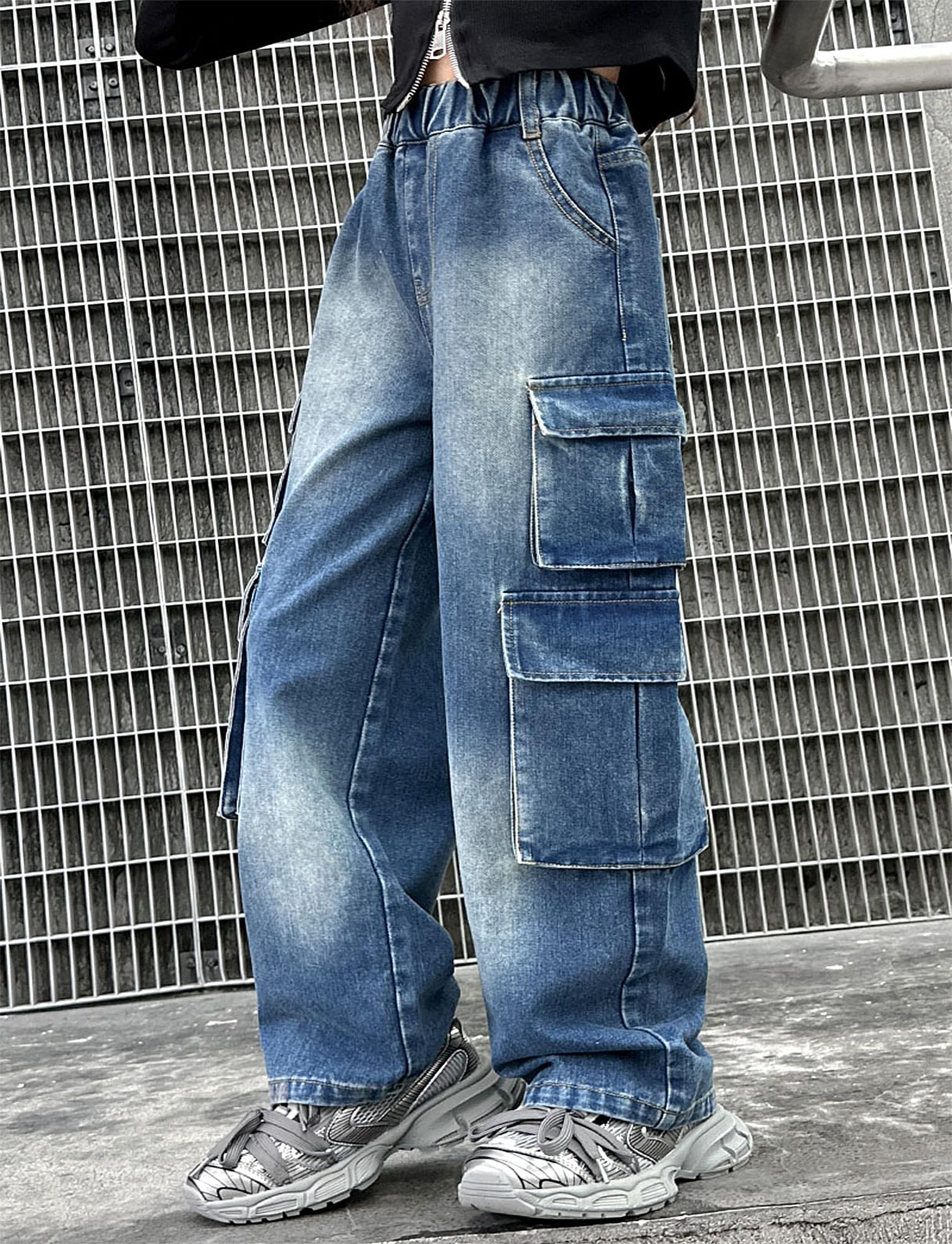 SEAUR Girls Baggy Denim Cargo Jogging Pants with Pockets