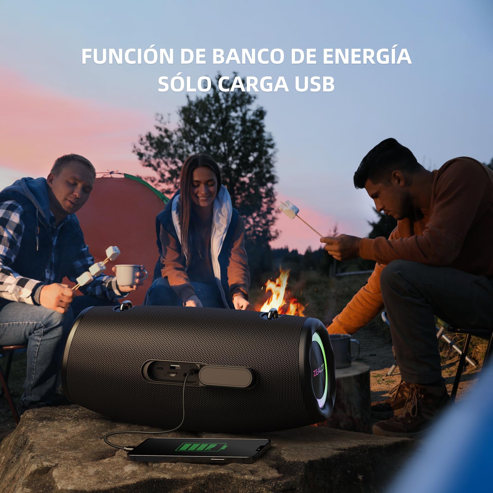 Zealot Altavoz Bluetooth Grande 80W de Potencia con Luz LED, Altavoces Inalámbricos 16000mAh Batería, Autonomía de 40 Horas, Puerto de AUX, USB, Tarjeta TF, Bluetooth 5.2, IP67 Impermeable, Negro