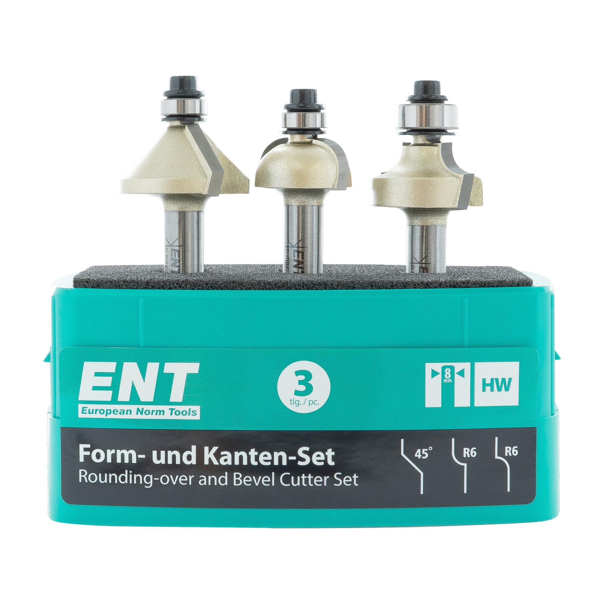 ENT 09063 3-częściowy zestaw frezów do krawędzi z węglikiem spiekanym, wałek (S) 8 mm, promień (R) 6 mm, kąt (E) 45°, do zaokrąglania i fazowania, wypukłe i wklęsłe