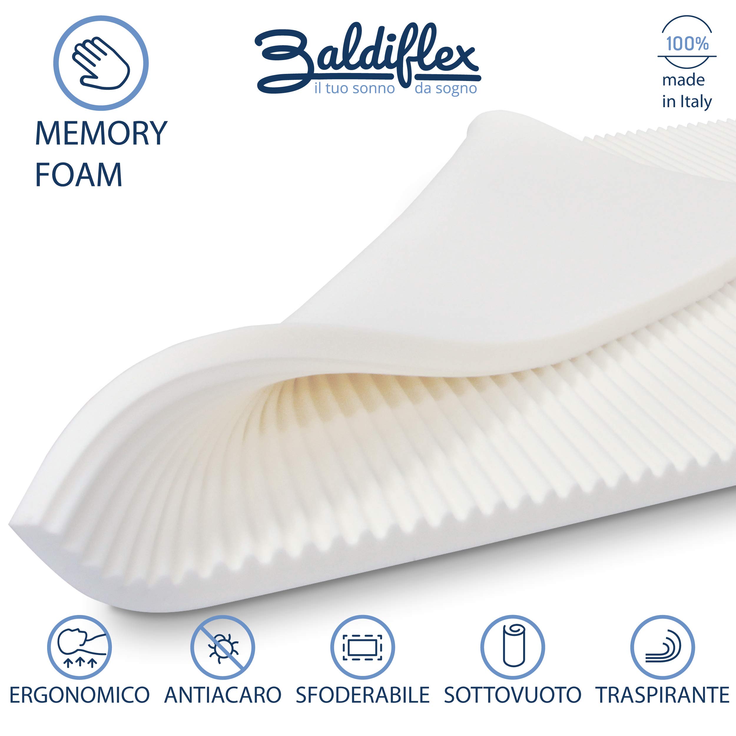 Baldiflex Emporio Topper Correttore Materasso Matrimoniale in Memory Foam Wave, Fodera in Maxicool Sfoderabile, ergonomico, antiacaro, 160 x 200 cm h 10 cm