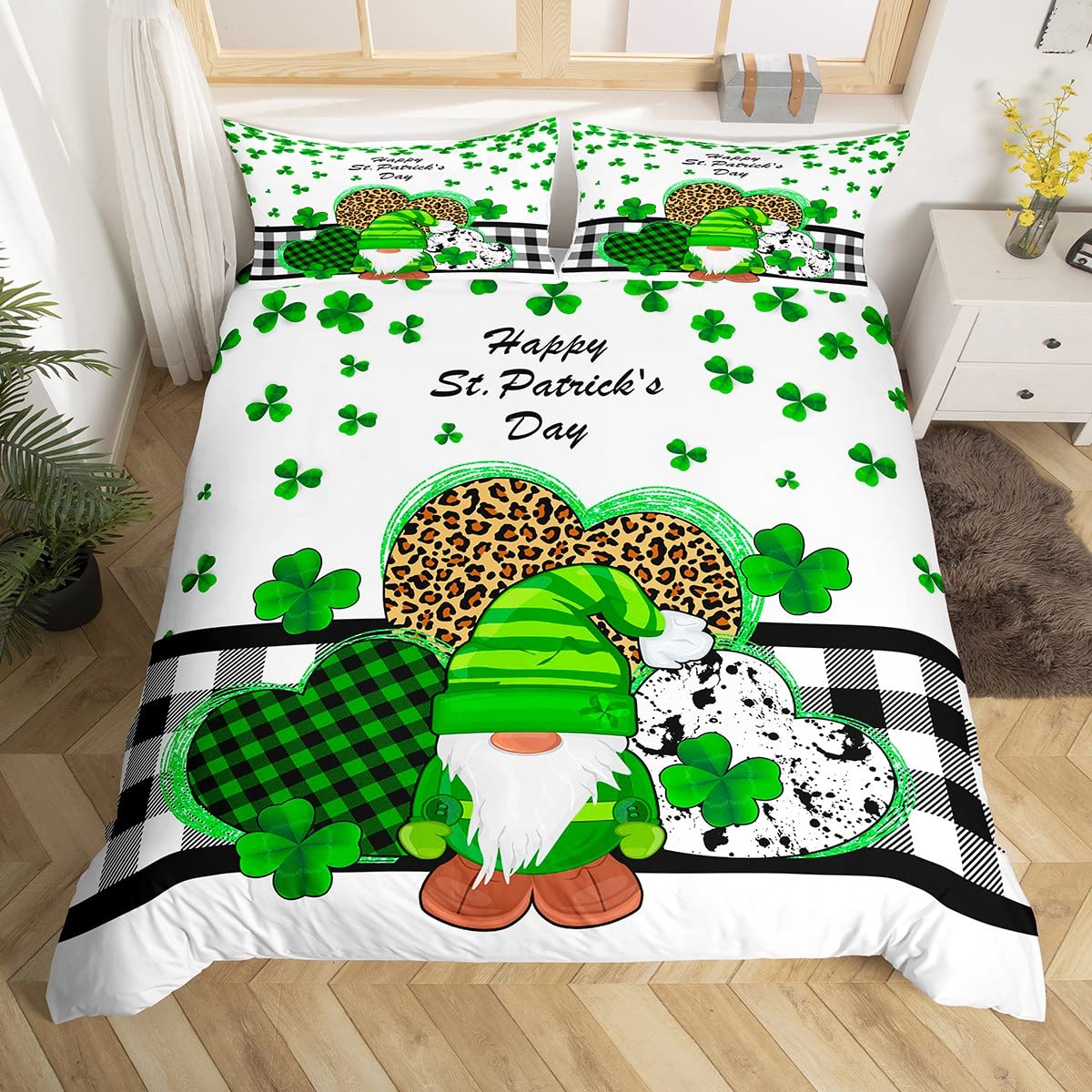 Housse de couette trèfle vert lit double et taies d'oreiller aux finitions soignées