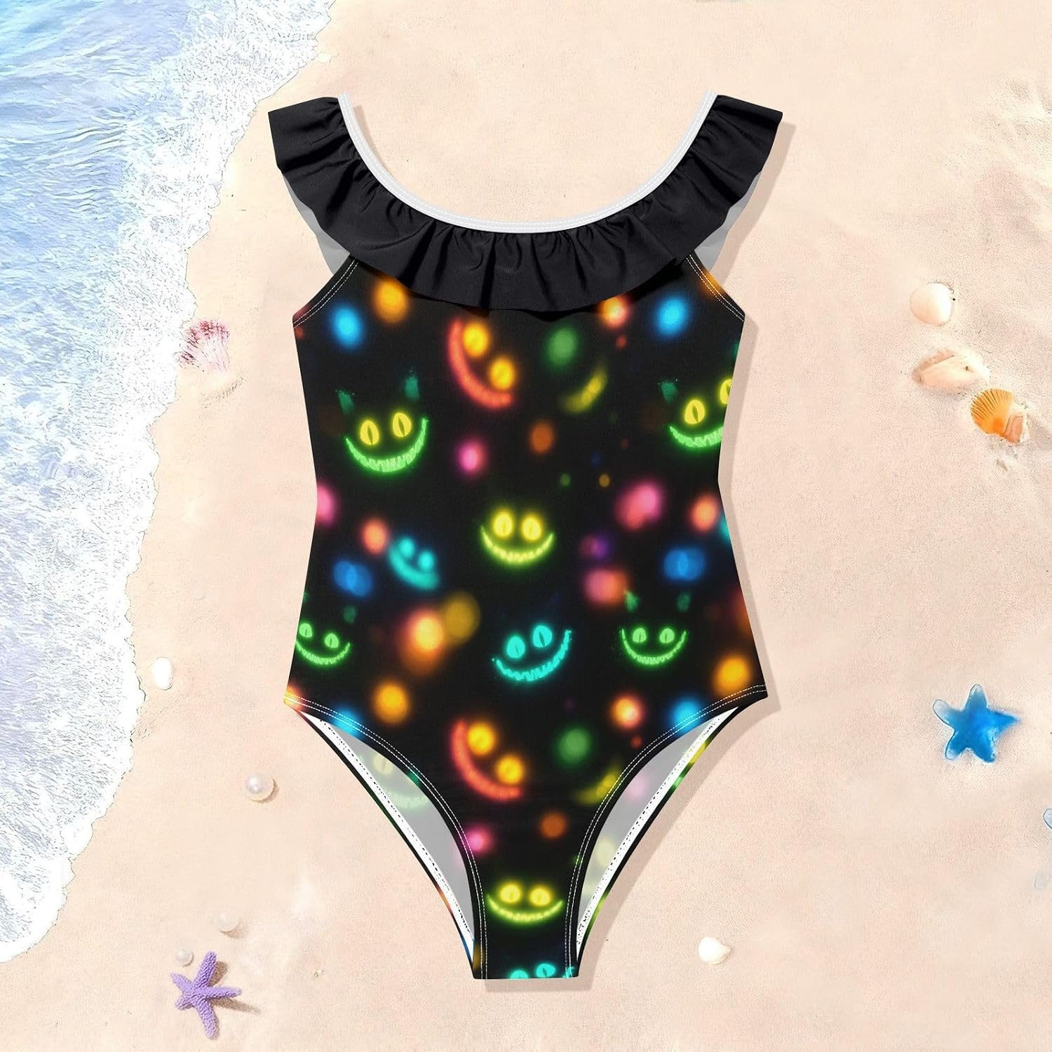 visesunny Girls One Piece Swimsuits Ruffle Swimwear Scary Halloween Night Bathing Suits for Girls 3-6Y