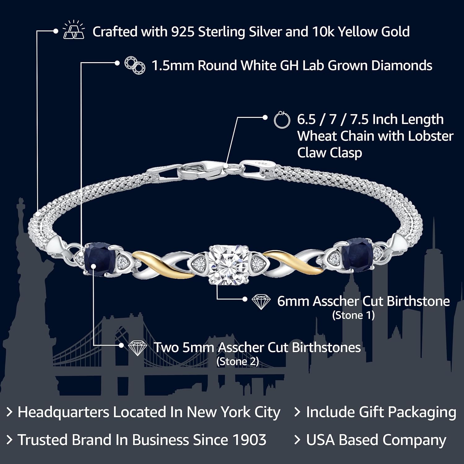 Gem Stone King 925 Silver and 10K Yellow Gold Customized and Personalized Gemstone Birthstone and White Lab Grown Diamond Bracelet (2.69 Cttw, Cushion 6MM and 5MM, 6.5/7/7.5 Inch, Made In Italy)