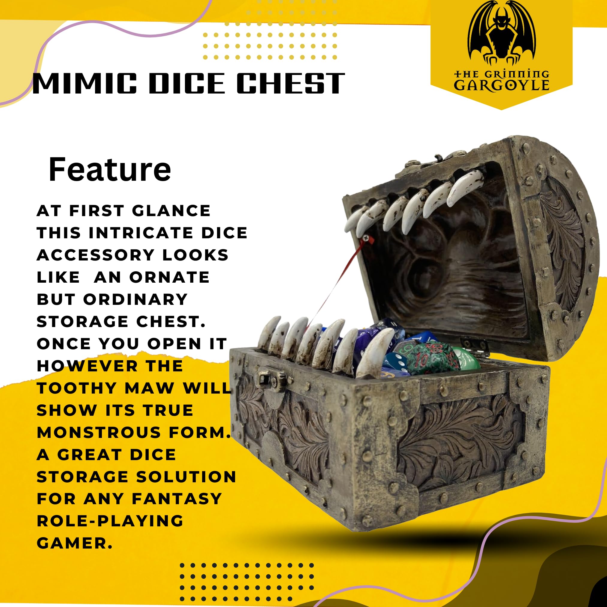 Cofre Mimic Para Dados DnD – Caja De Poliresina De 14.5 Cm, Con Bisagra Y Cierre, Capacidad Para 45 Dados