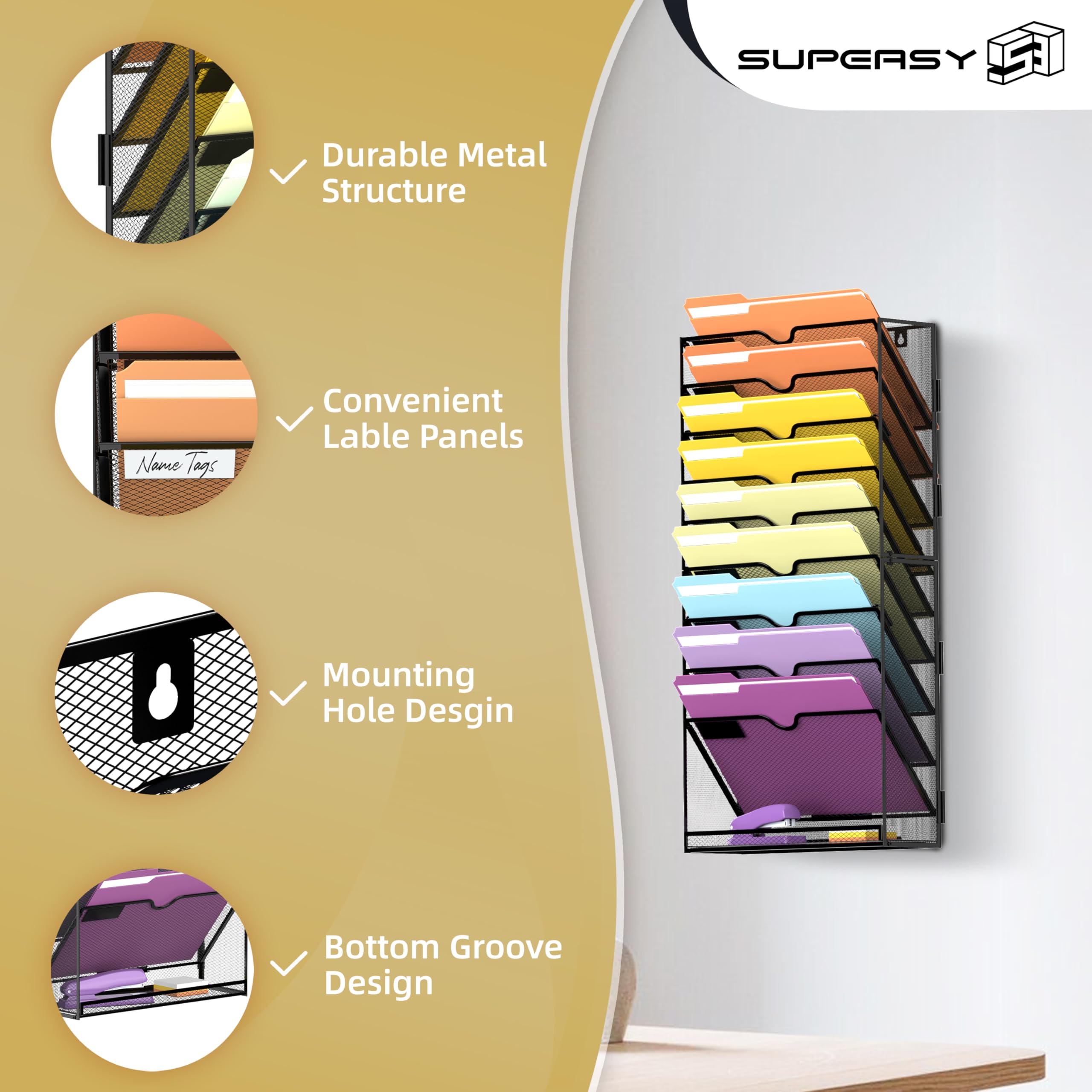 SUPEASY Organizer da parete a 10 ripiani per documenti, cartelle, cartelle, appunti e riviste, ideale per ufficio e casa, nero