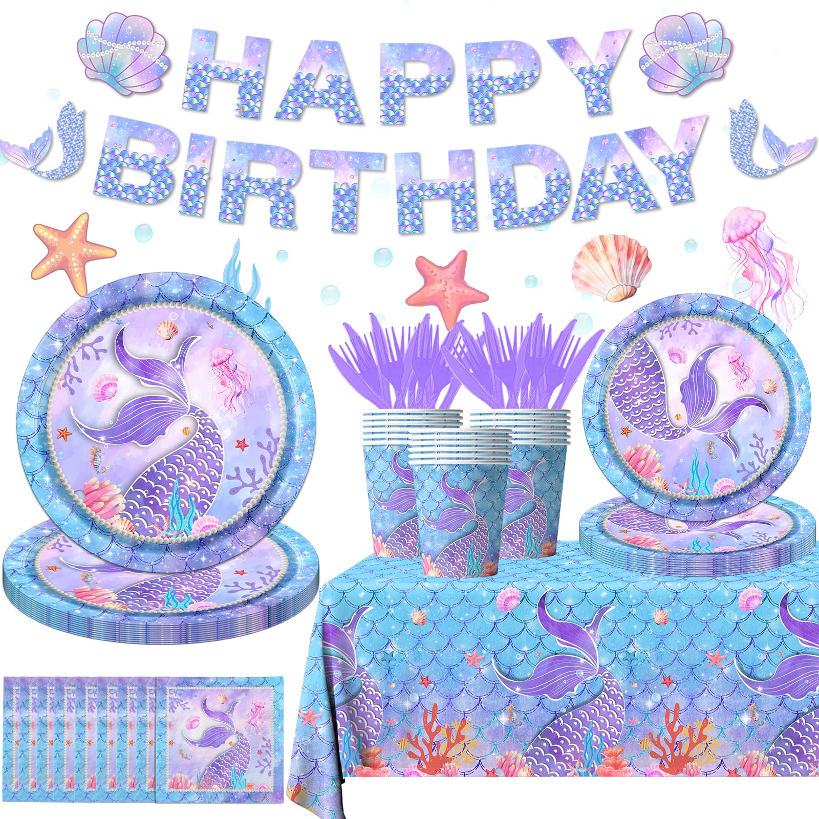 177Pcs Mermaid Birthday Decorations Mermaid Party Tableware Supplies Disposable Plates,Napkins,Tablecloth,Cups,Banner for mermaid Baby Shower Ocean