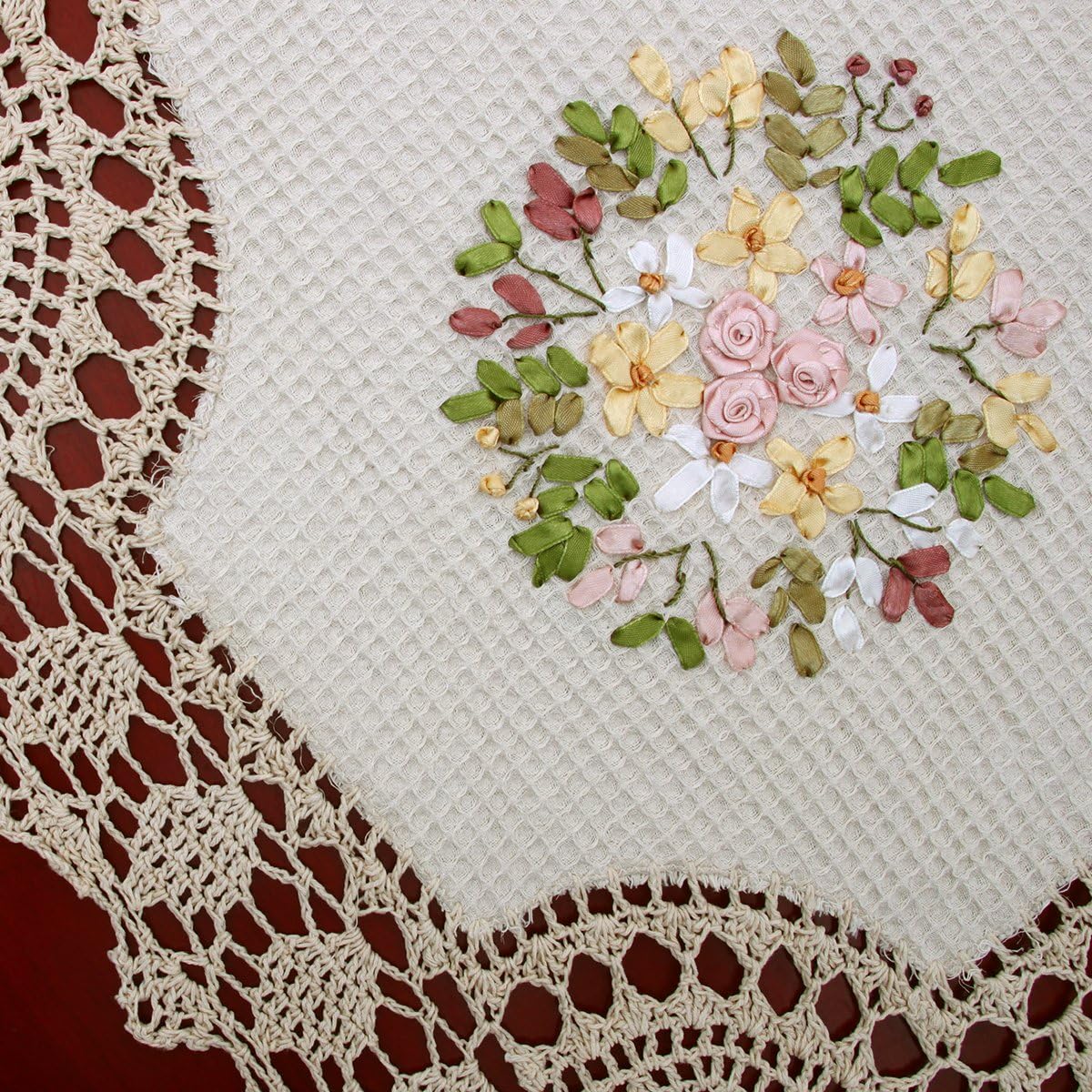 Grelucgo Handmade Crochet Cotton Lace Table Runner, Ribbon Embroidery, Rectangle 16 x 84 Inches