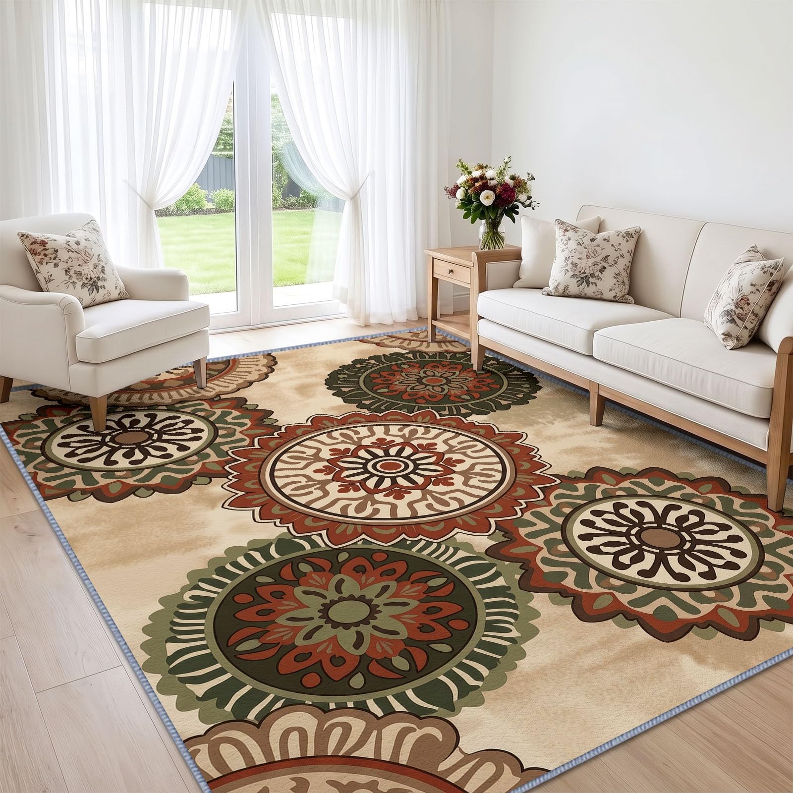 Tappeto geometrico mandala, per soggiorno, 120 x 170 cm, lavabile, decorativo, bohémien, effetto invecchiato, antiscivolo, morbido, a pelo basso, per camera da letto, sala da pranzo, ufficio, stanza