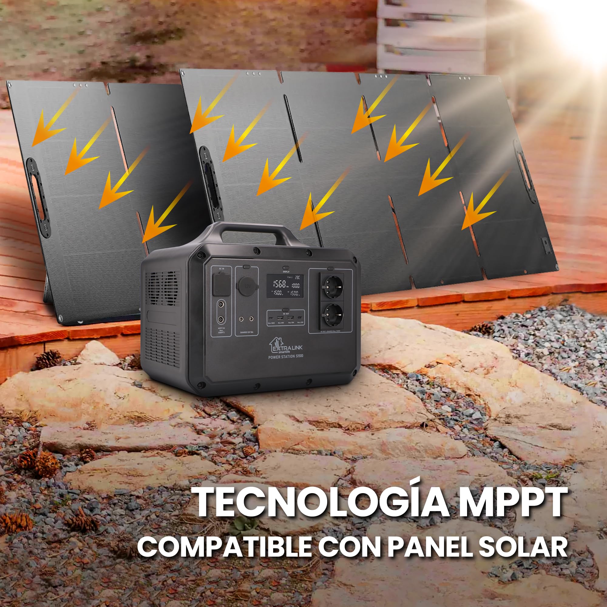 EXTRALINK EPS-S1500F - Stazione di alimentazione portatile LiFePO4, 1568 Wh, 1500 W, 2 USB, 1 USBC PD 100 W, MPPT, alimentata a energia solare, 2 x 230 V AC, 1 x display LED DC di emergenza,