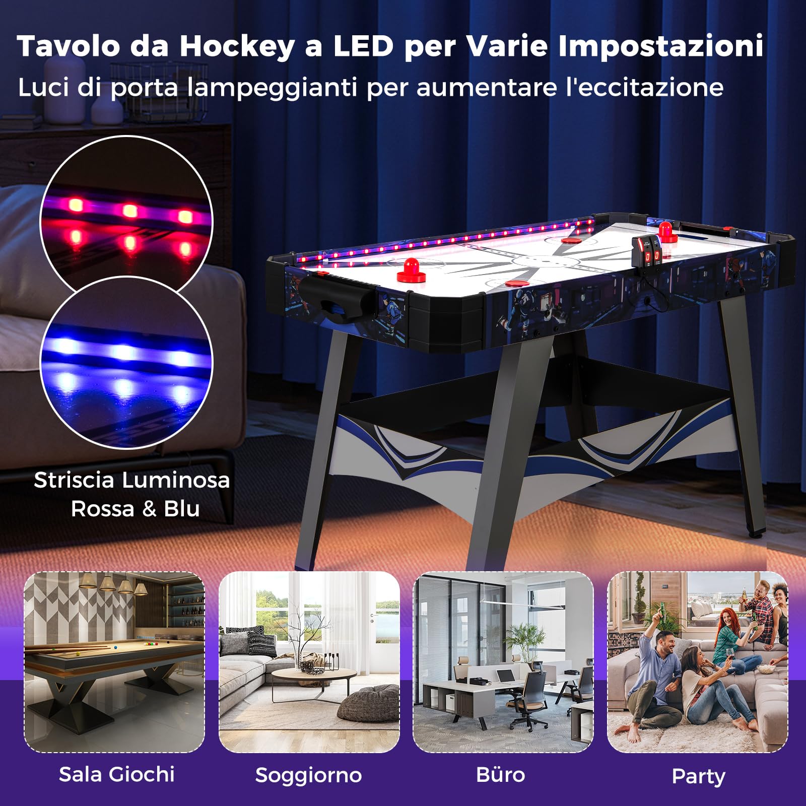 COSTWAY Air Hockey da Tavolo con 2 Spintori e Dischi, Piedini Regolabili, Tavolo da Hockey Alimentato con 12V Motore e Tabellone Segnapunti LED, Tavolo Hockey da Interno 137 x 65 x 86 cm