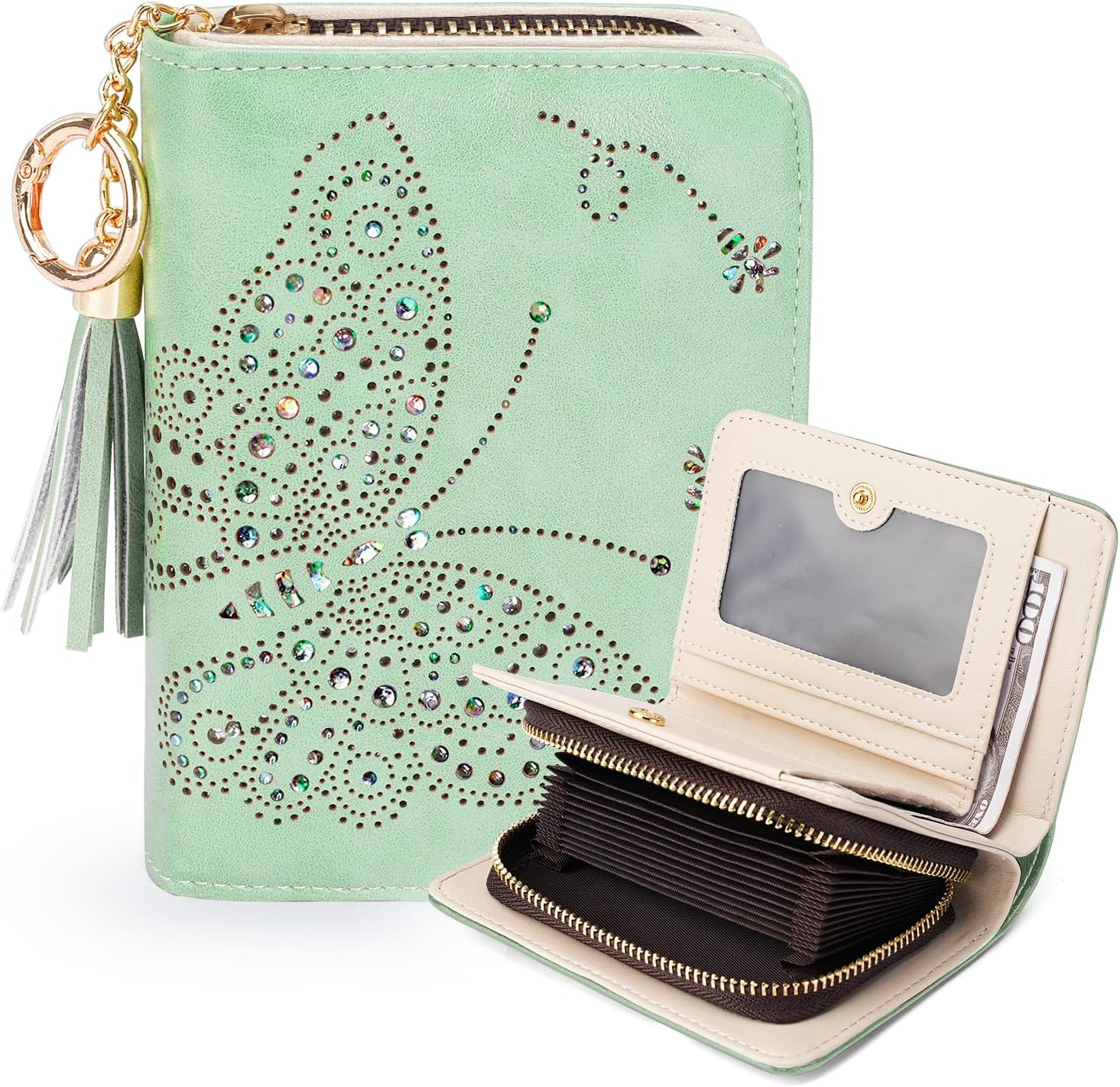 Women RFID Blocking Small Bifold Wallet, Compact Cash Clutch with Zipper Coin Pocket, Glittery Butterfly Design, Credit Card Holder, Travel Purse with Tassel PEPPERMINT-GREEN