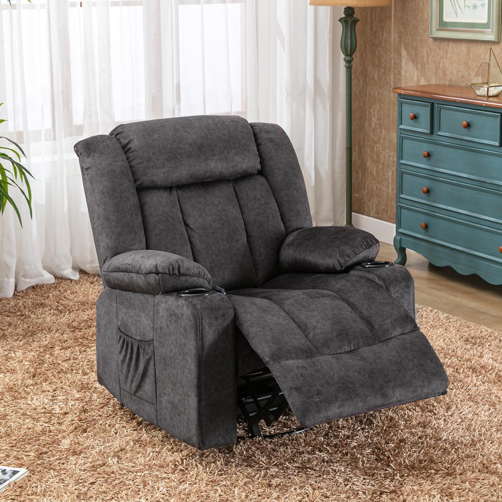 COMHOMA Sillón Reclinable Manual Giratorio para Adultos con Respaldo y Reposapiés Ajustables, Silla de 360° para Salón, Portavasos, Bolsillos Laterales, Tejido Suave, Soporte Ergonómico, Gris