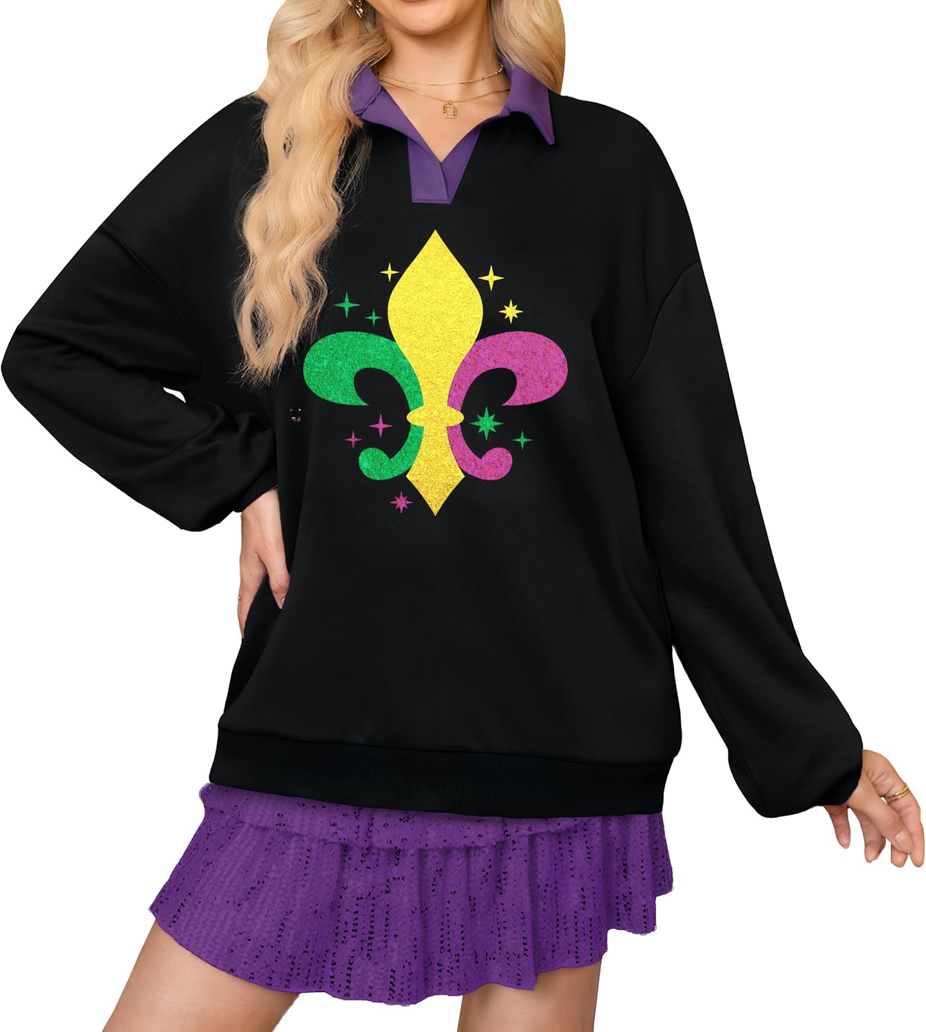 For G and PL Women's Carnival Long Sleeve Sequin Sparkle Glitter Polo Collar Top Shirt Sweatshirt Graphic Mardi Gras Black S
